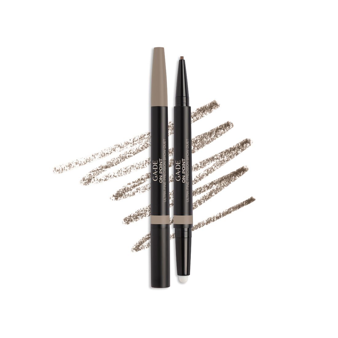 Ga-De On Point Ultra Fine Brow Duet. Twee potloden, één met lichtbruin potlood, één met borstel. Op witte achtergrond, potloodstreken.