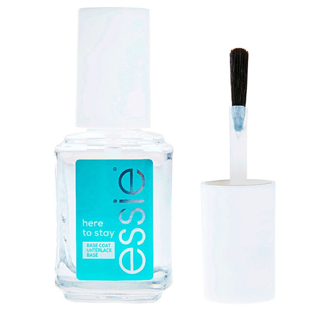 Essie Here To Stay Base Coat. Fles en borstel. Turquoise etiket. Witte dop en handvat. Zwarte borstelharen.