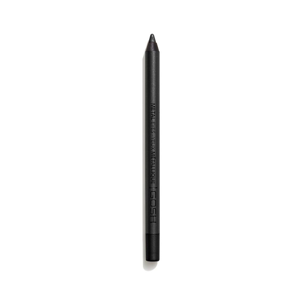 Gosh Metal Eyes Eyeliner. Zwarte potlood met zilveren tekst. Opschrift: Metal Eyes, Metallic, Gosh.