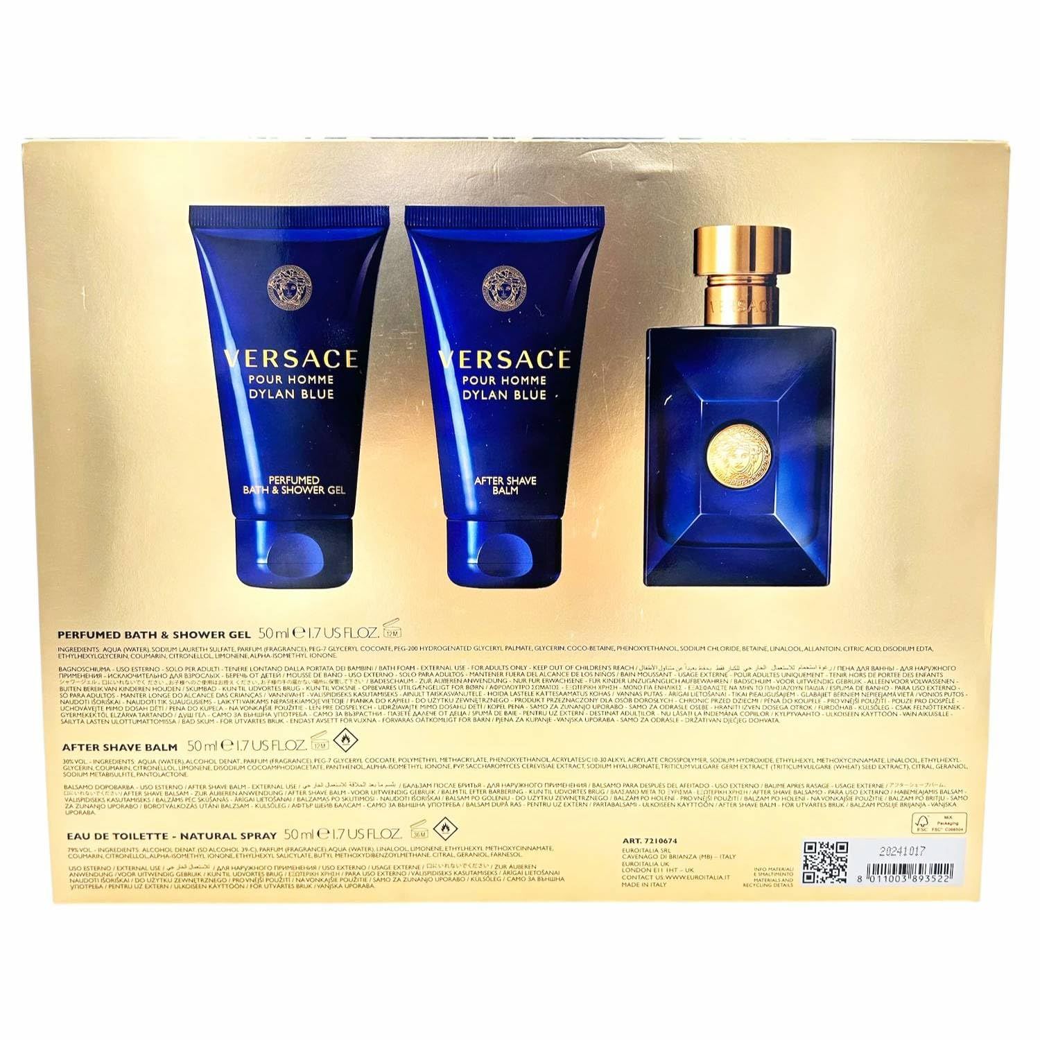 Coffret cadeau avec tubes et flacon bleus. Informations et logos sont affichés au dos.