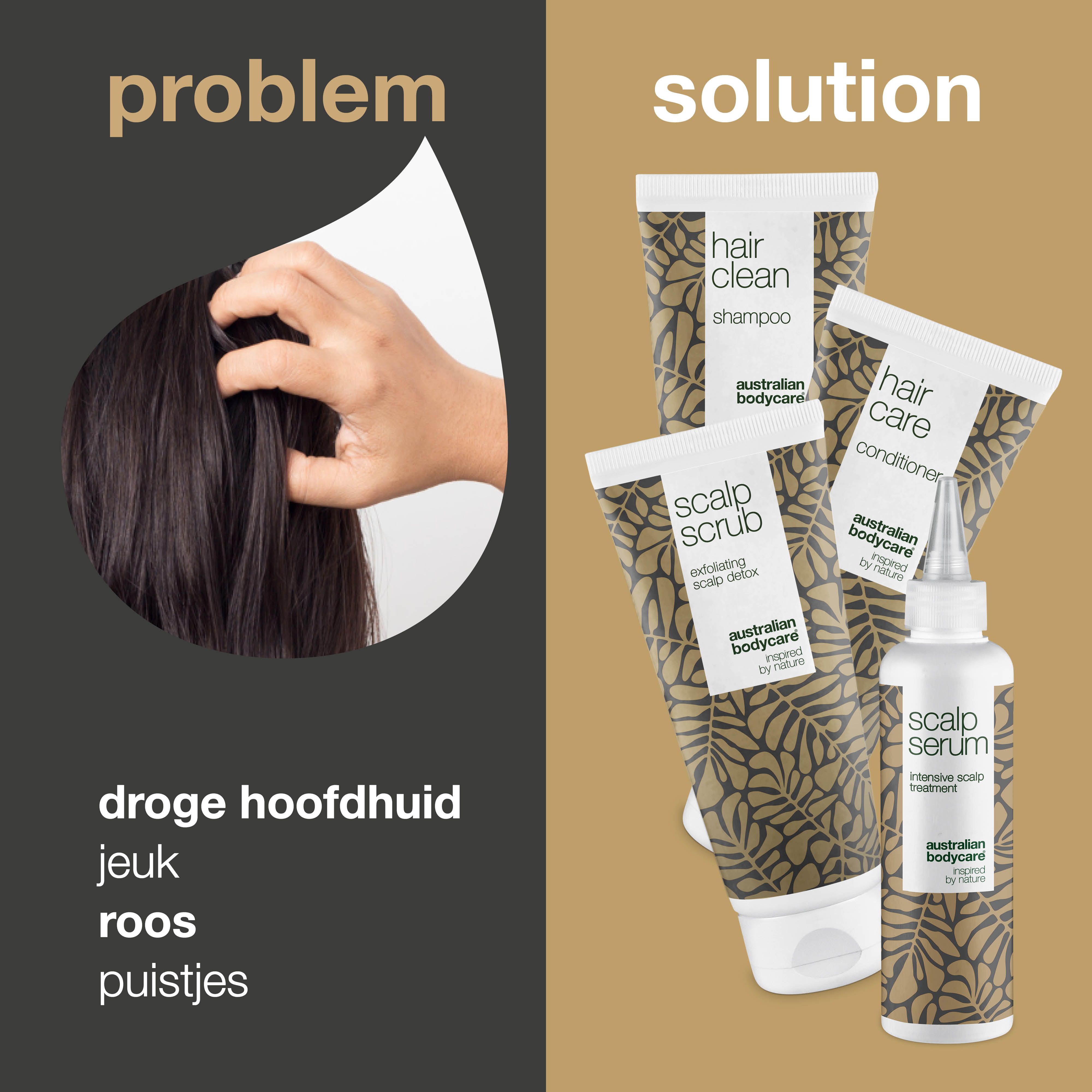 Probleem-oplossing presentatie. Links: hand op hoofd. Rechts: producten: shampoo, scrub, conditioner, serum.