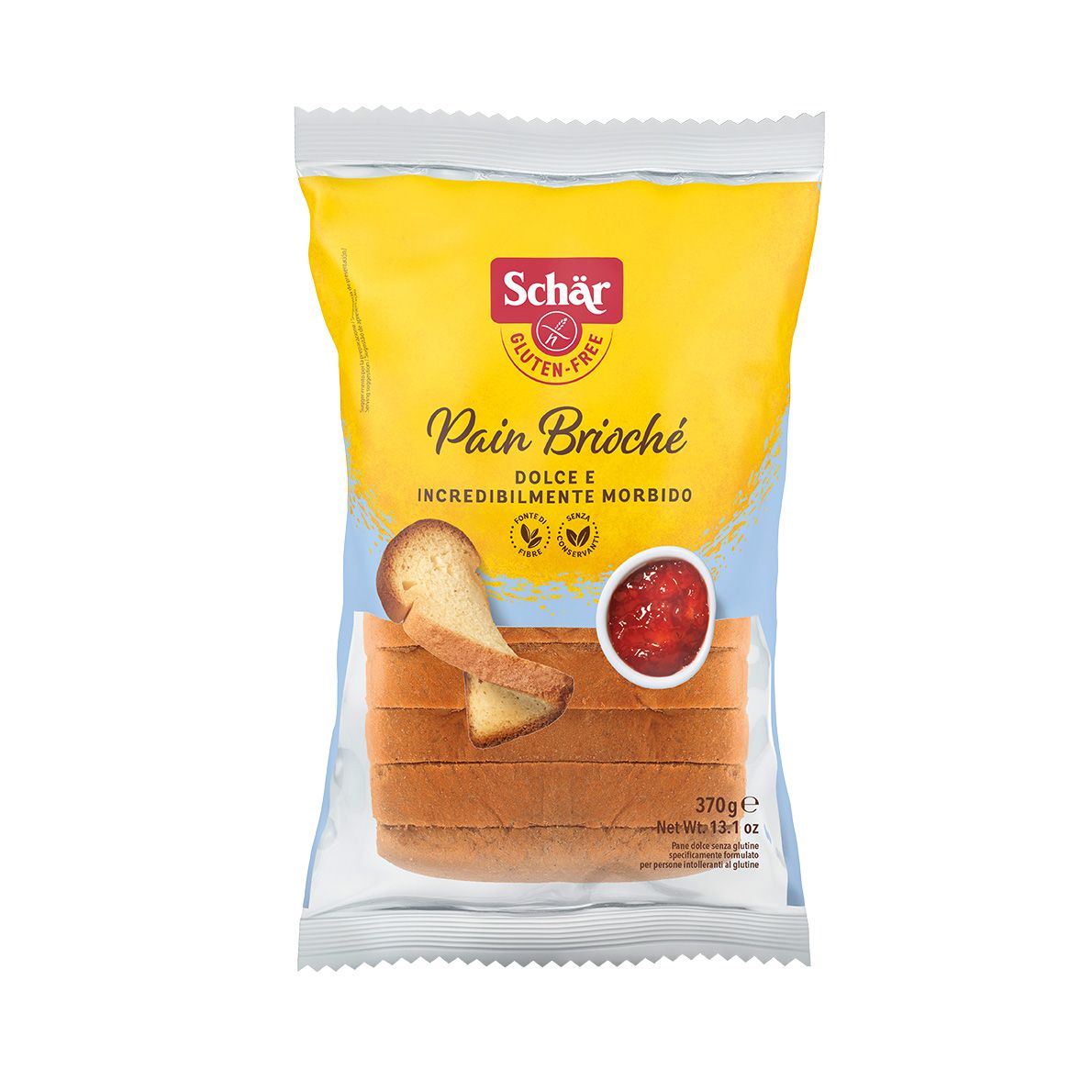 Emballage de Pain Brioche Schär sans gluten. Fond jaune, tranches de pain, logo sans gluten, nom du produit, 370g.