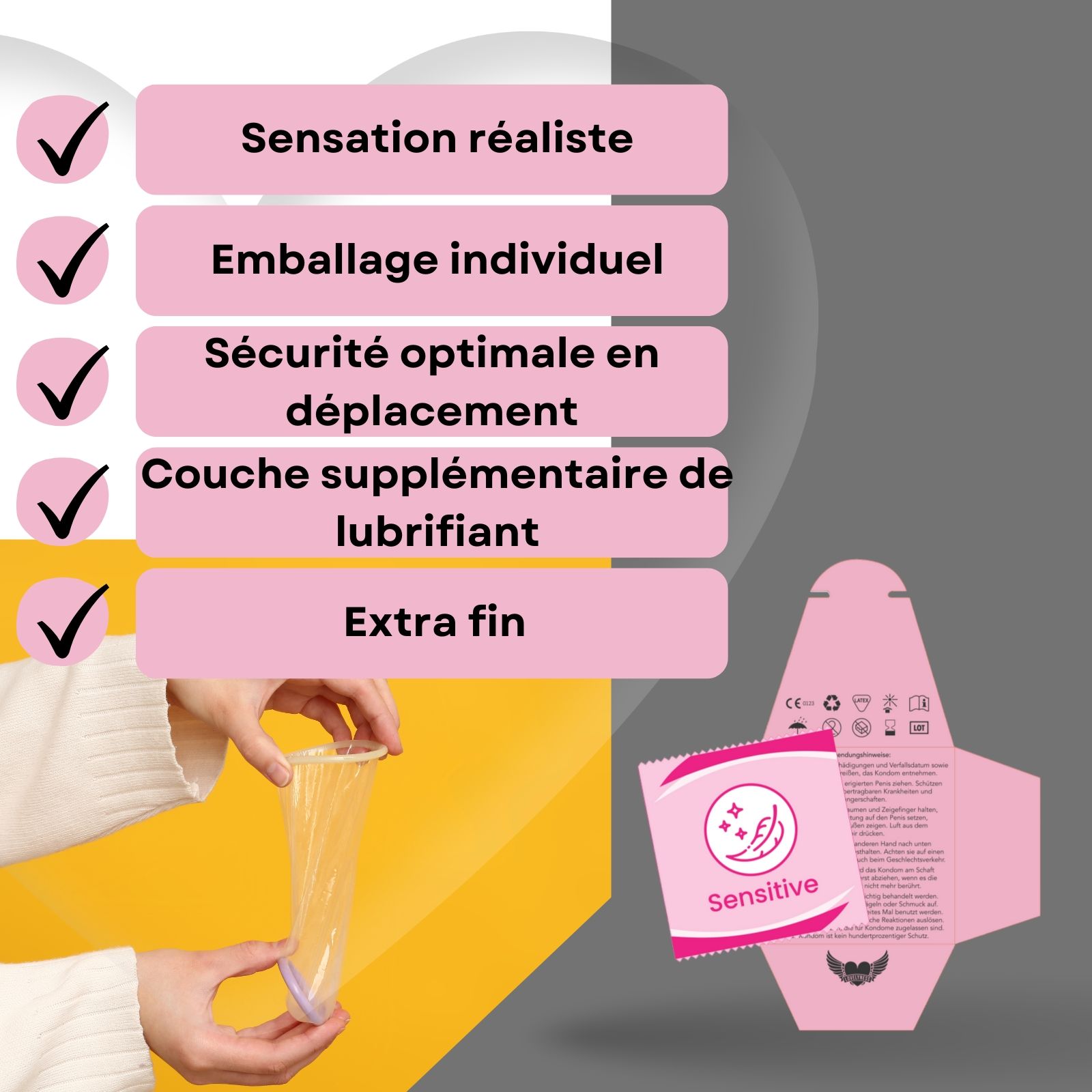 Emballage rose avec préservatif. Textes: "Gefühlsecht", "Extra dünn".