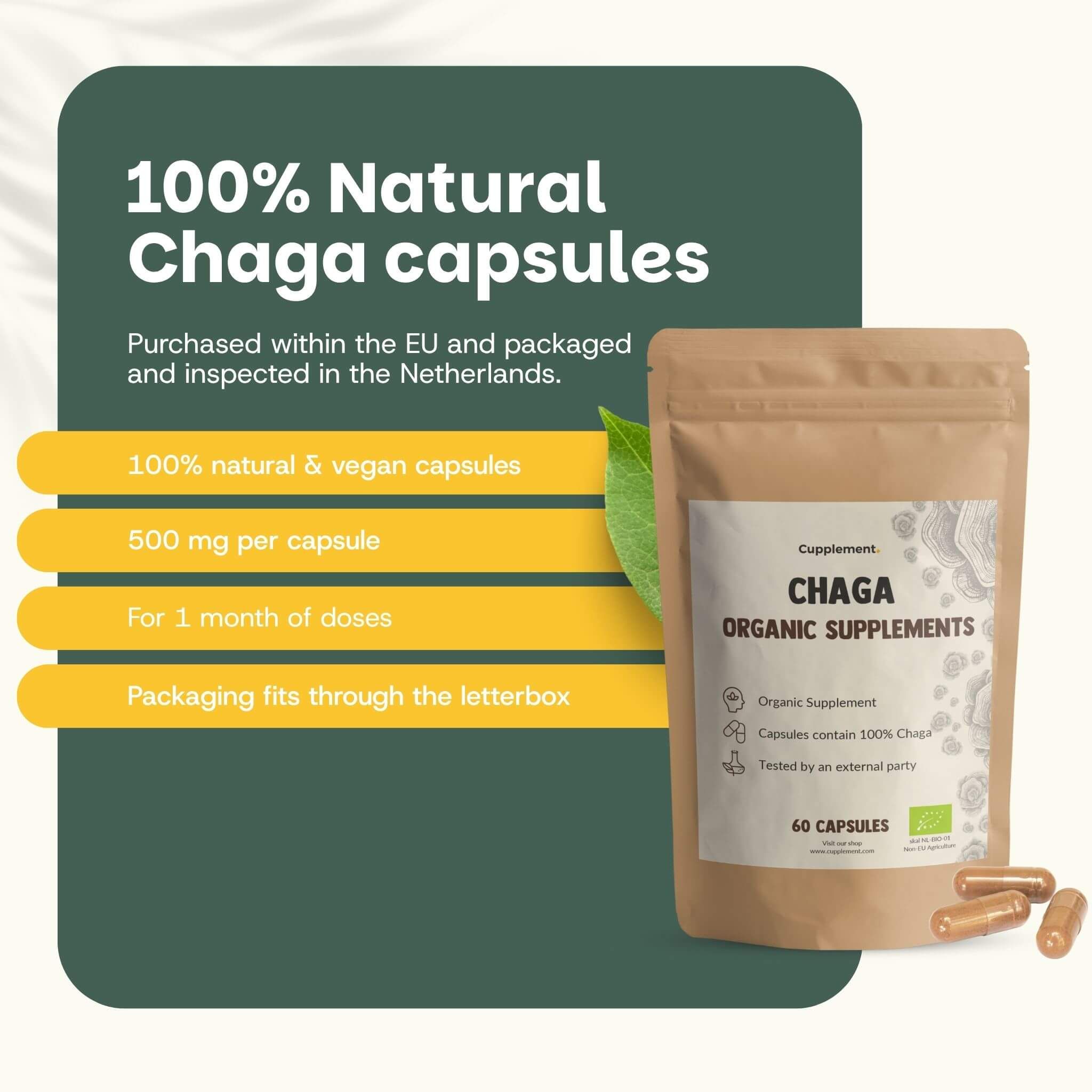 Sachet brun avec Cupplement Chaga 500 mg BIO. Texte : gélules 100% naturelles, 500 mg par gélule.