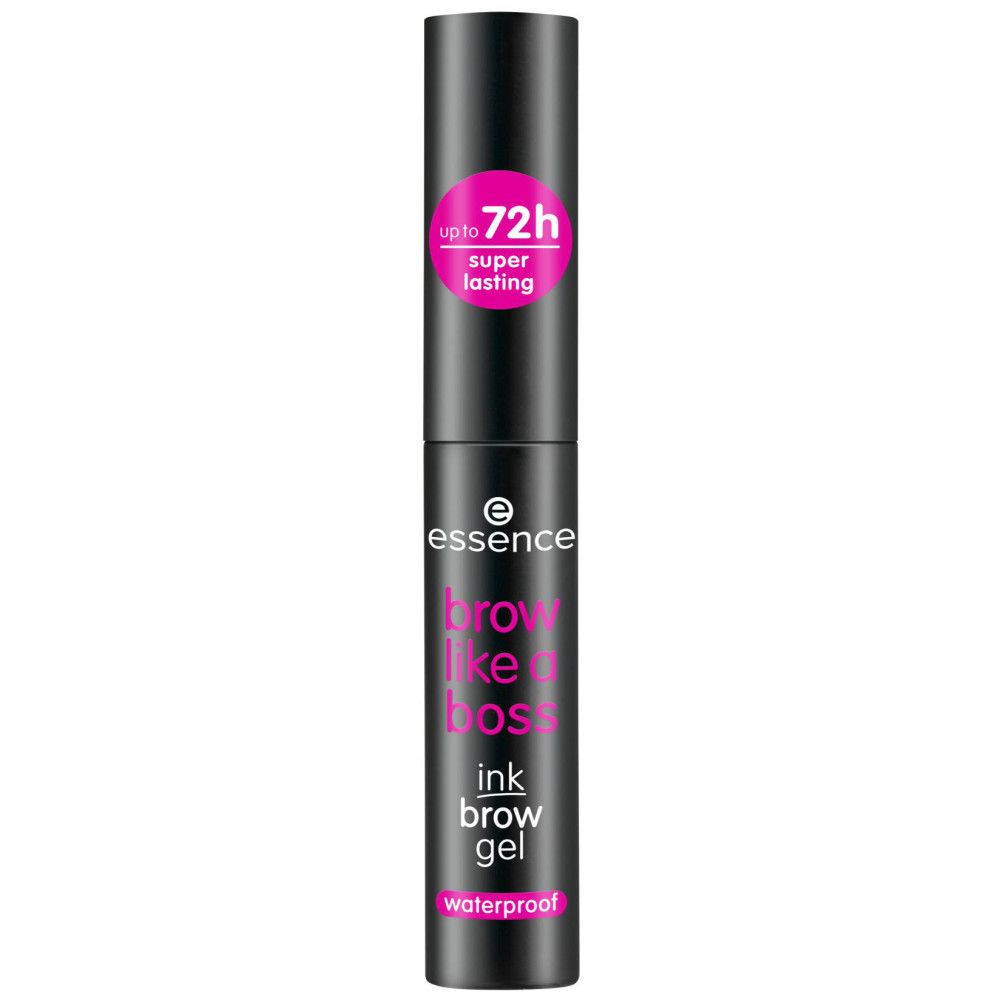 Tube noire avec impression rose. Texte: "brow like a boss ink brow gel waterproof". Autocollant rose: "upto 72h super lasting".