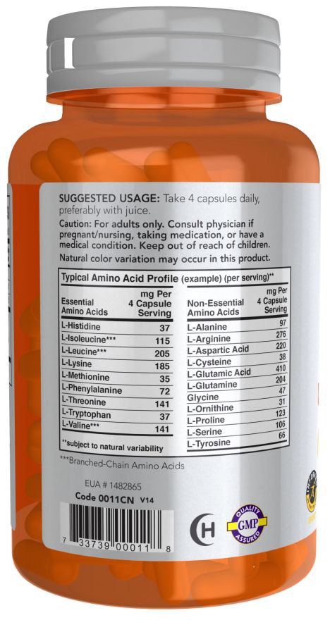 Dos du flacon. Contient des informations sur l'utilisation et le profil des acides aminés. Avec label de qualité et numéro de lot.