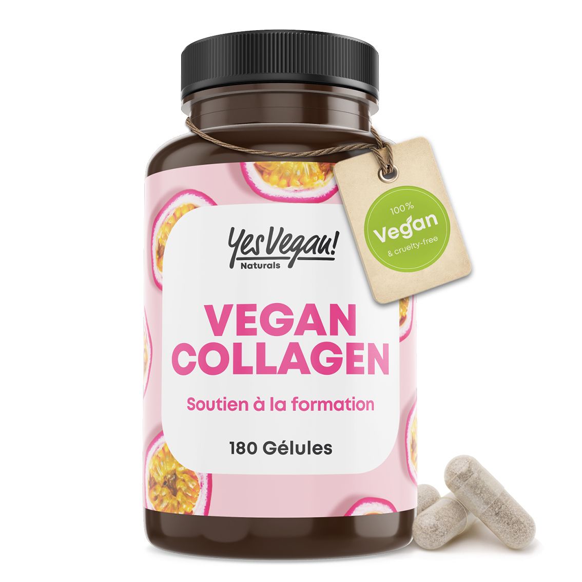 Bouteille "Vegan Collagen" avec étiquette "100% Vegan & Cruelty-Free" et deux gélules.