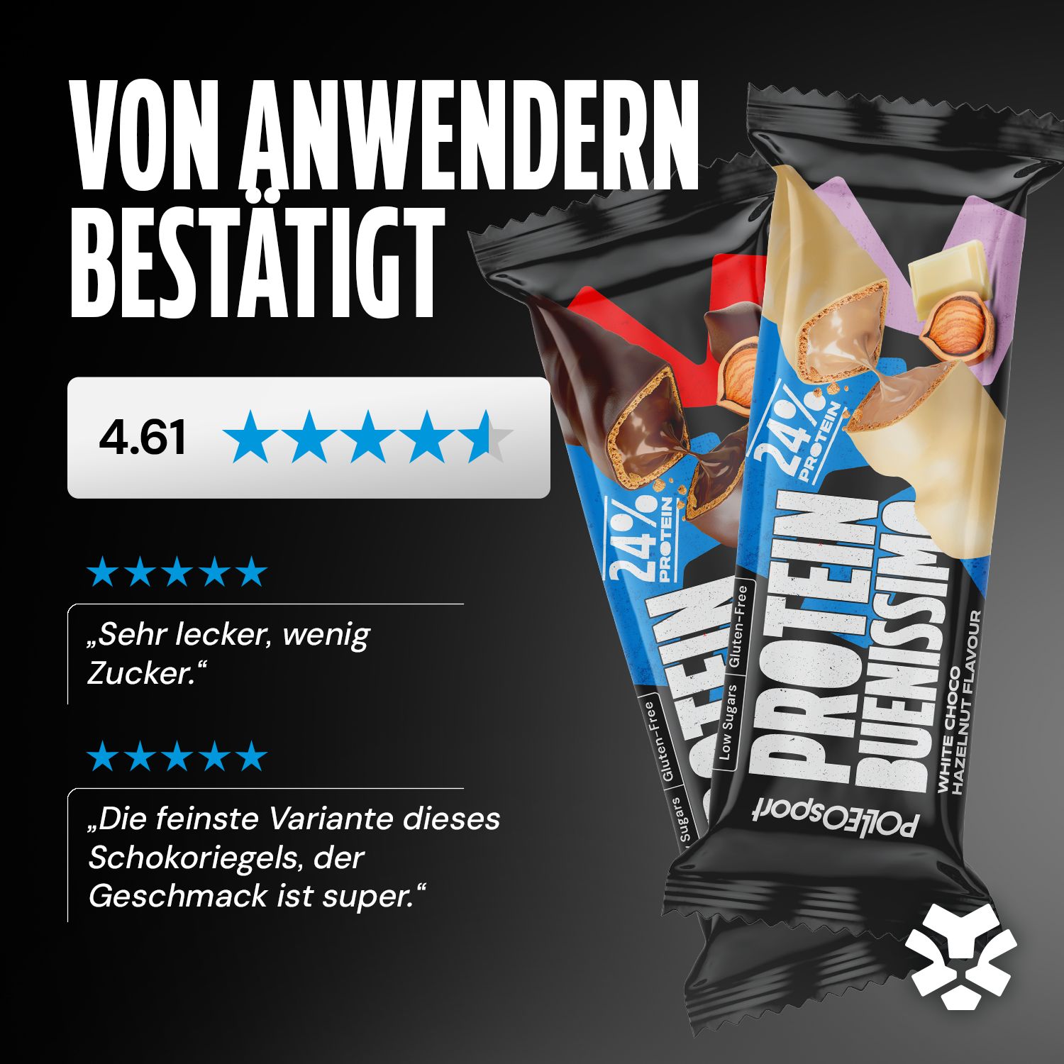 Barres protéinées Protein Buenissimo. Emballage avec 24% de protéines, sans gluten et faible en sucre. Évaluation 4.61.