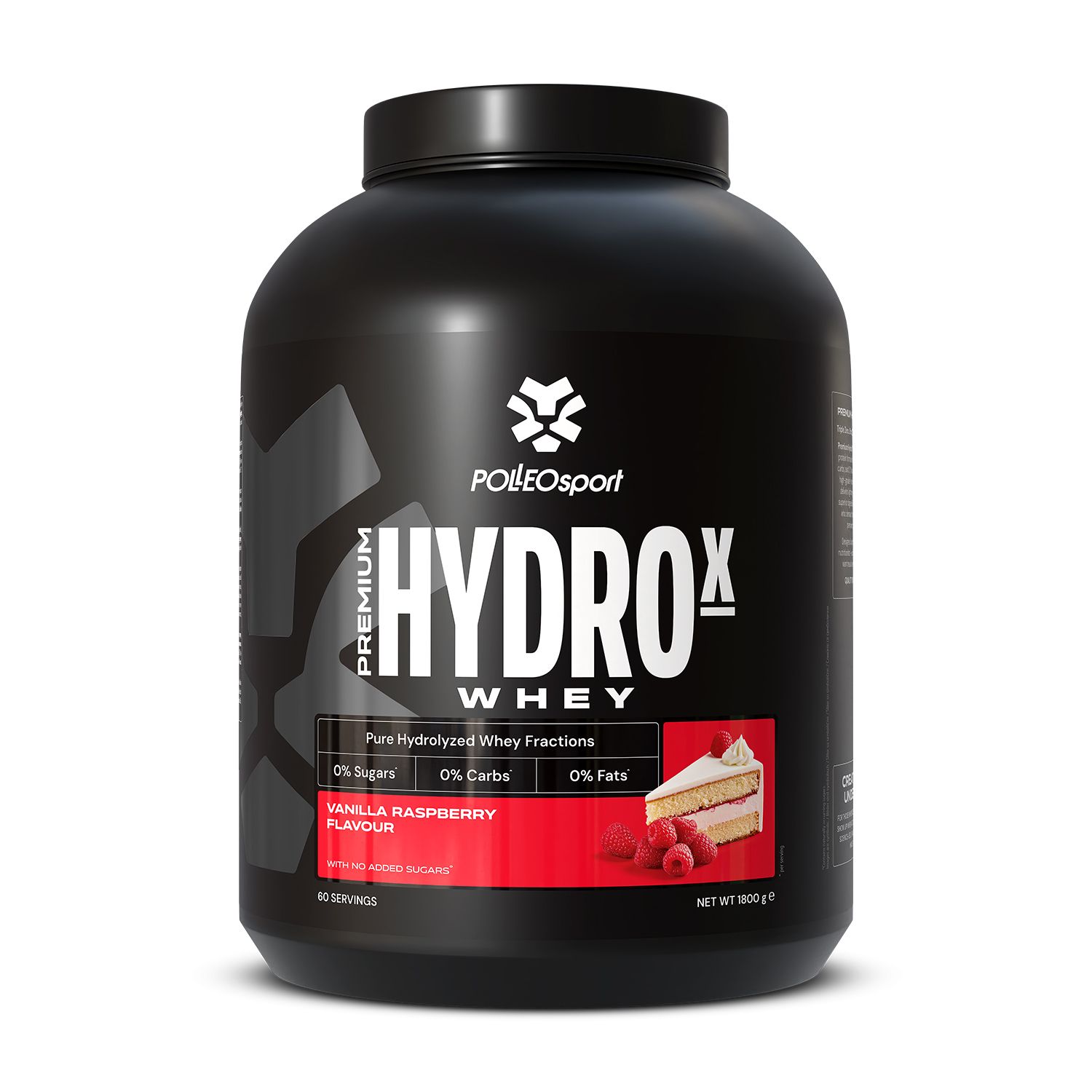Zwarte pot met "HYDROx Whey". Afbeelding van cake en frambozen. "Vanilla Raspberry flavour" label.