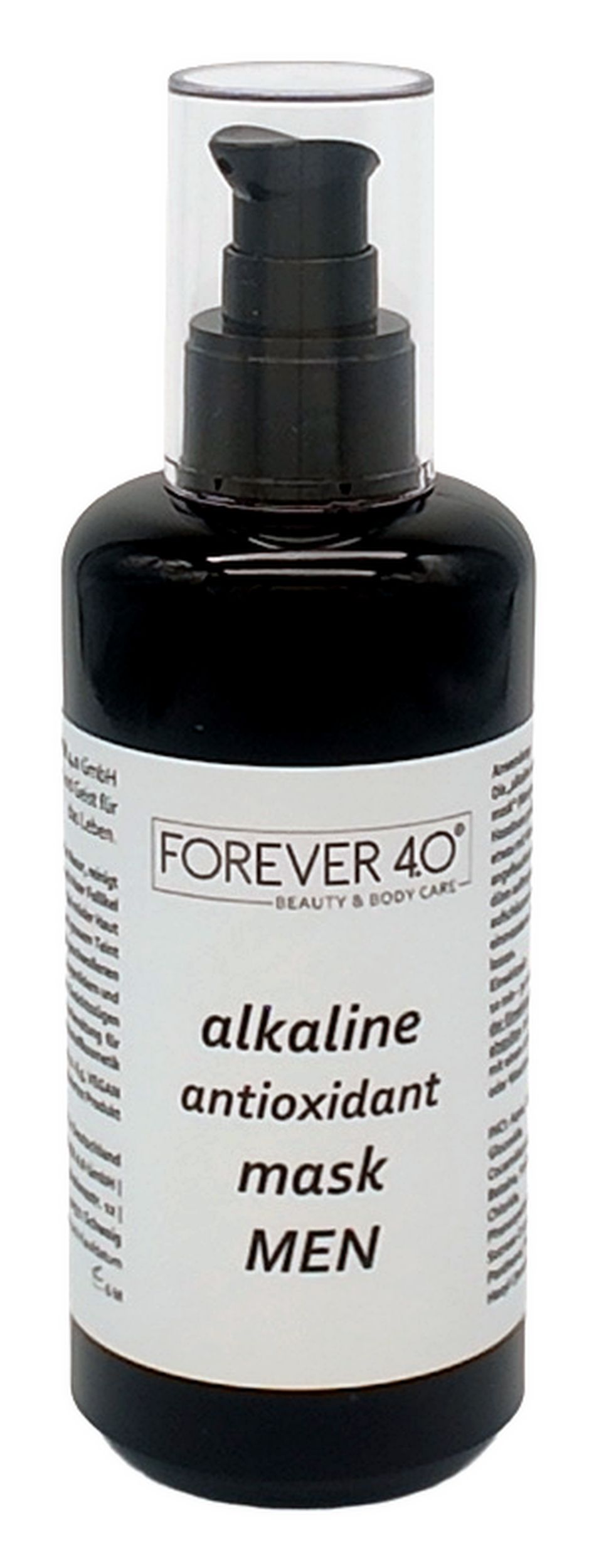 Flacon noir avec pompe. Étiquette avec texte: FOREVER 4.0, alkaline antioxidant mask MEN. Bouchon transparent.