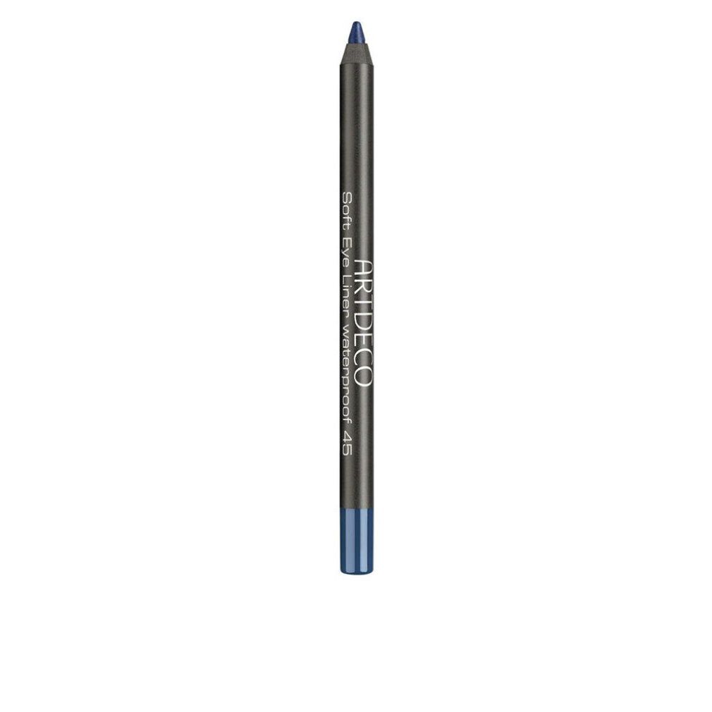 Blauwe Artdeco Soft Eye Liner Waterproof 45. Potlood met zwarte schacht en blauw uiteinde. Productnaam en merk gedrukt.