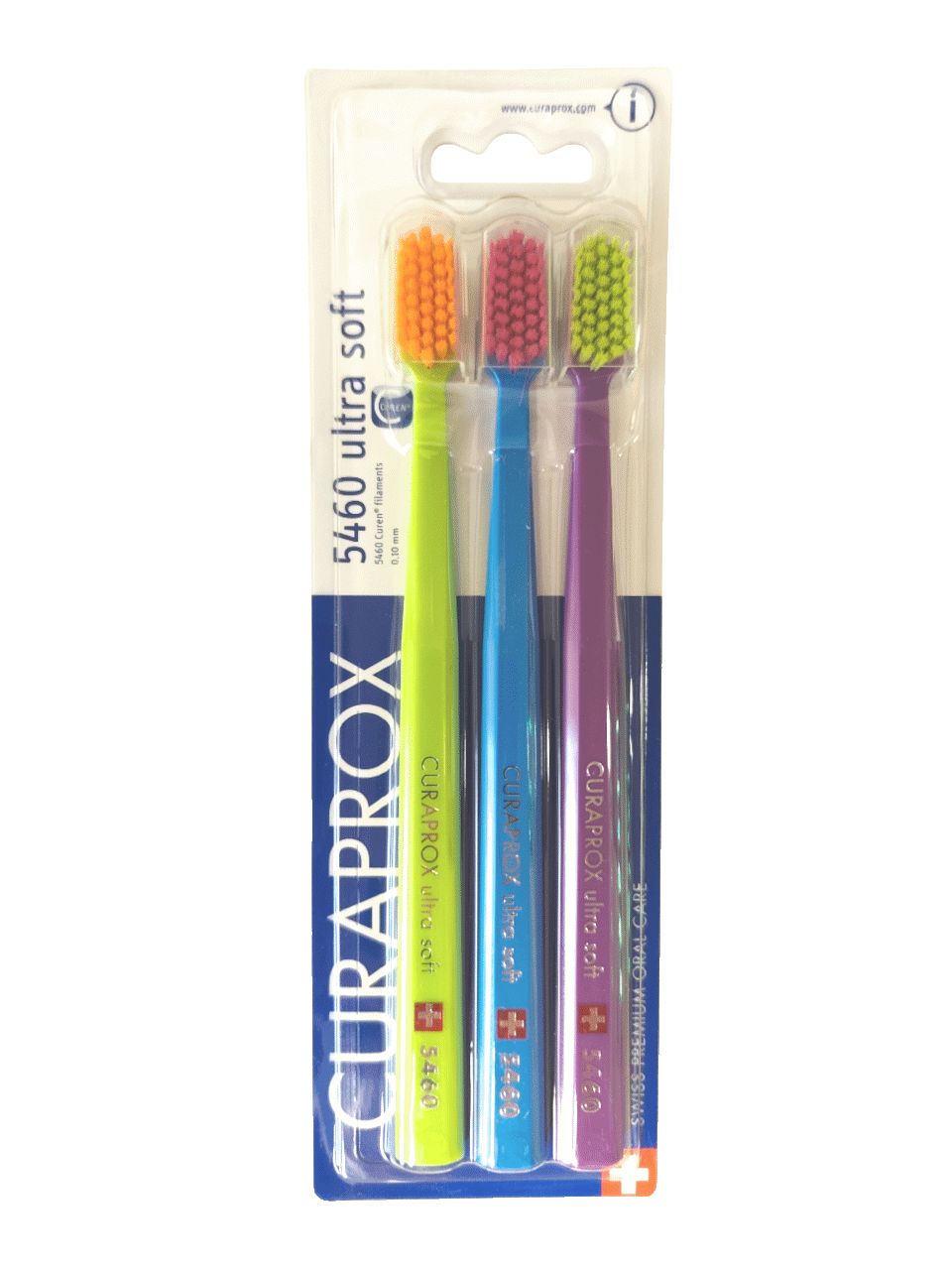 Set van drie tandenborstels. Groene, blauwe en paarse handvatten. Oranje, roze en groene borstelharen. Verpakking met productnaam en logo.