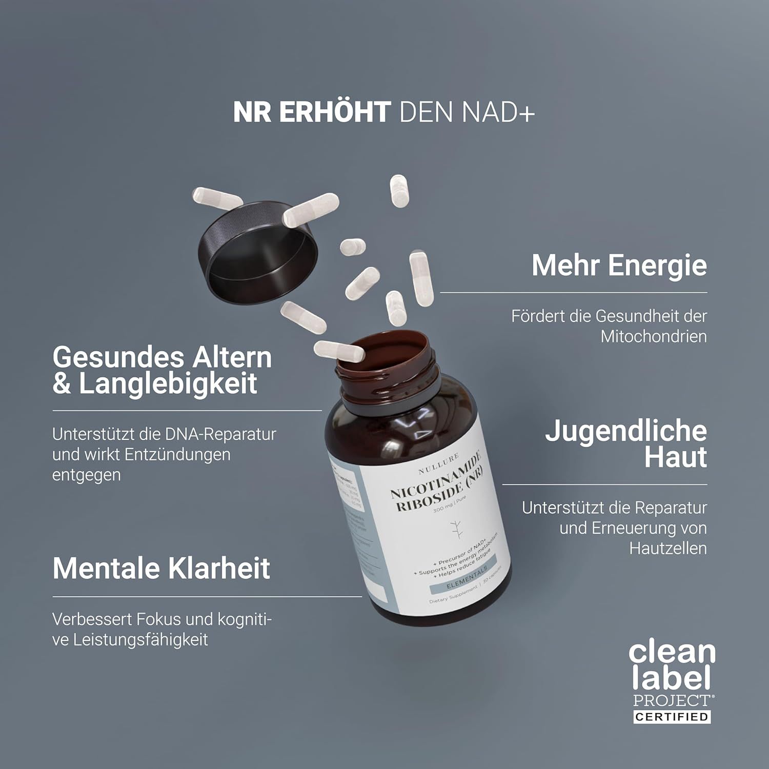 Bouteille avec des gélules tombant. Avantages : énergie, peau, vieillissement, clarté.