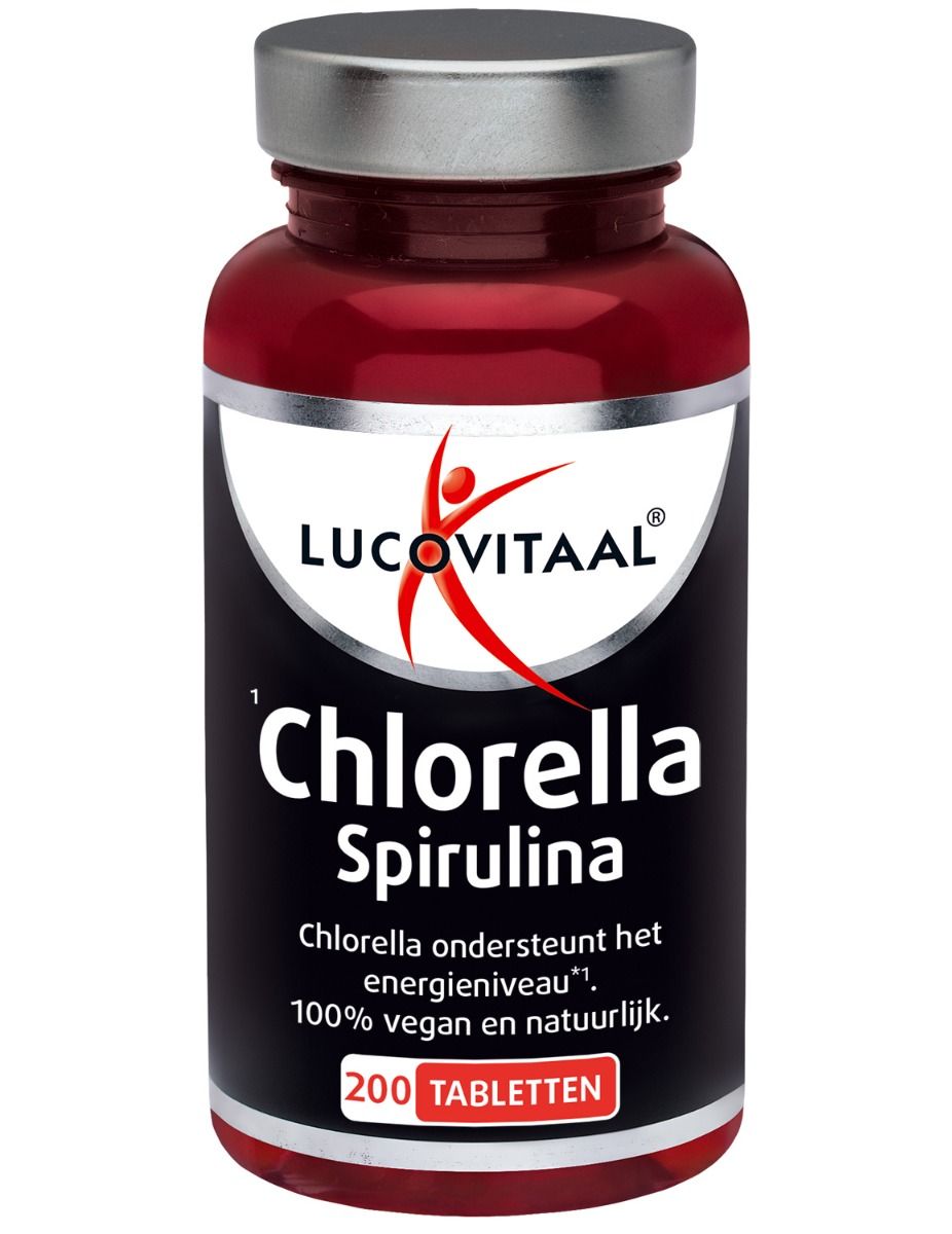 Bruine fles met wit etiket. Opschrift: Lucovitaal, Chlorella Spirulina formule. 200 tabletten.