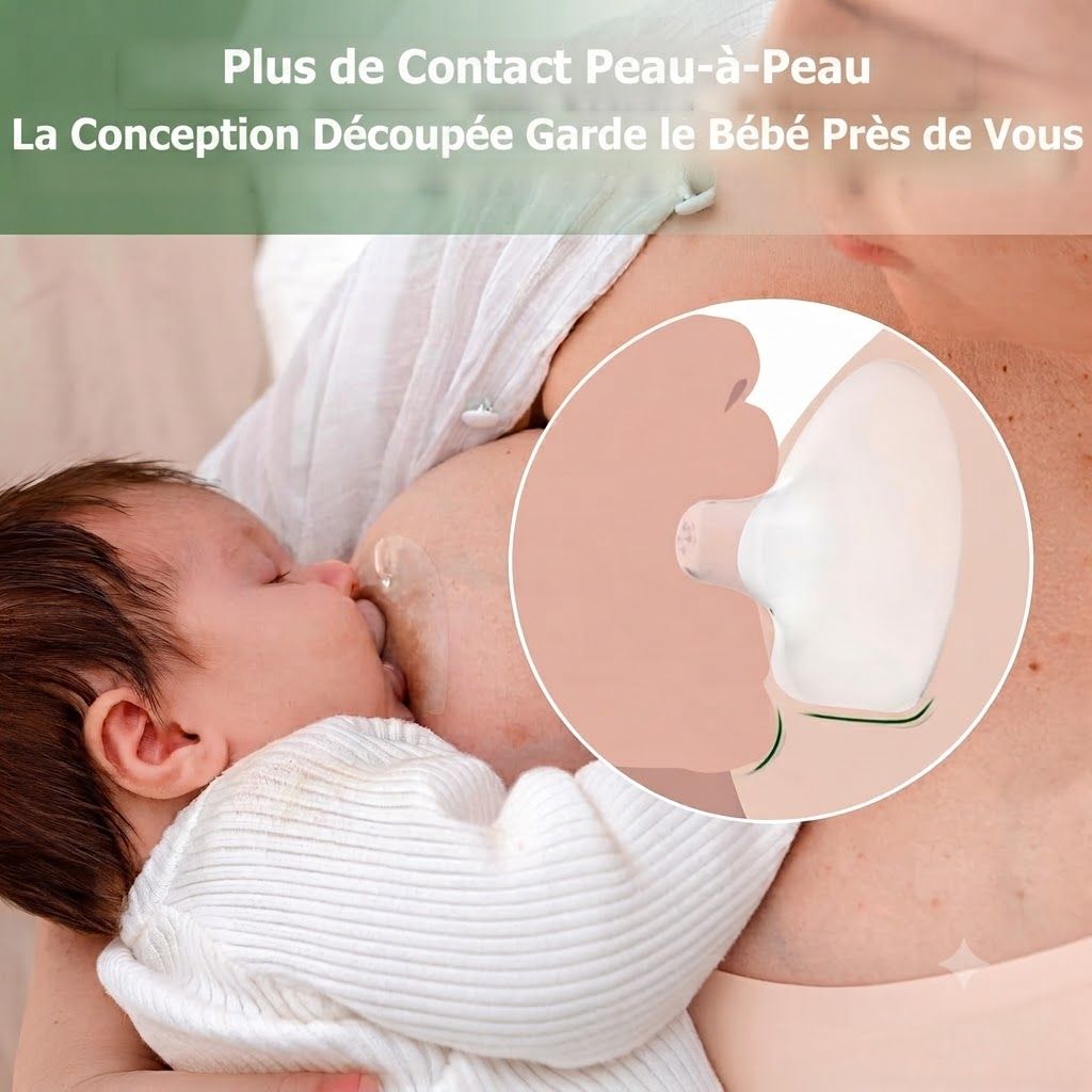 Un bébé est allaité. Un zoom montre un protecteur de mamelon transparent en silicone.