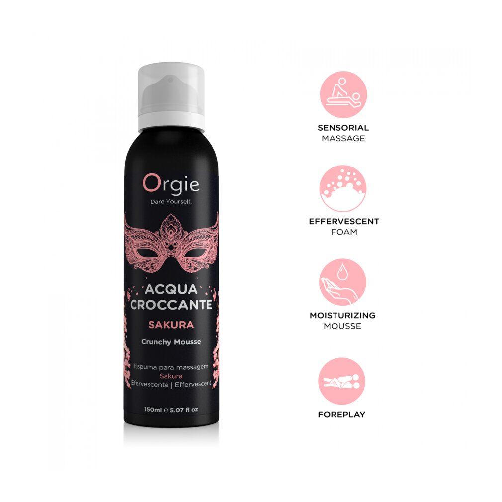 Orgie Acqua Croccante Sakura Mousse met iconen voor massage, schuim, hydratatie, voorspel.