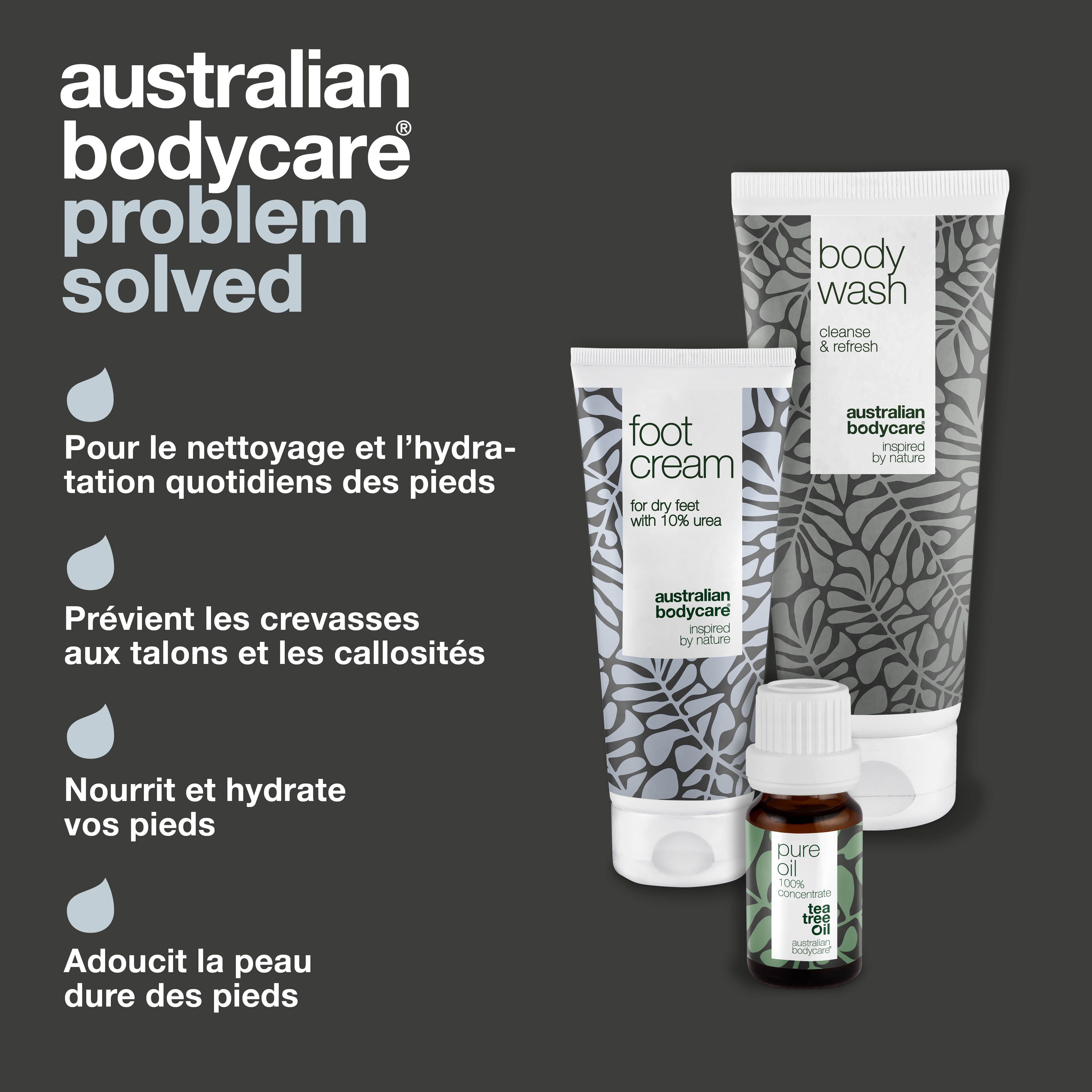 Trois produits : gel douche, crème pour les pieds, huile d'arbre à thé. Texte : 'Pour le nettoyage et l'hydratation'.