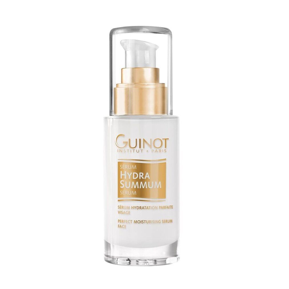 Sérum Hydra Summum Guinot : flacon blanc avec pompe et détail doré.