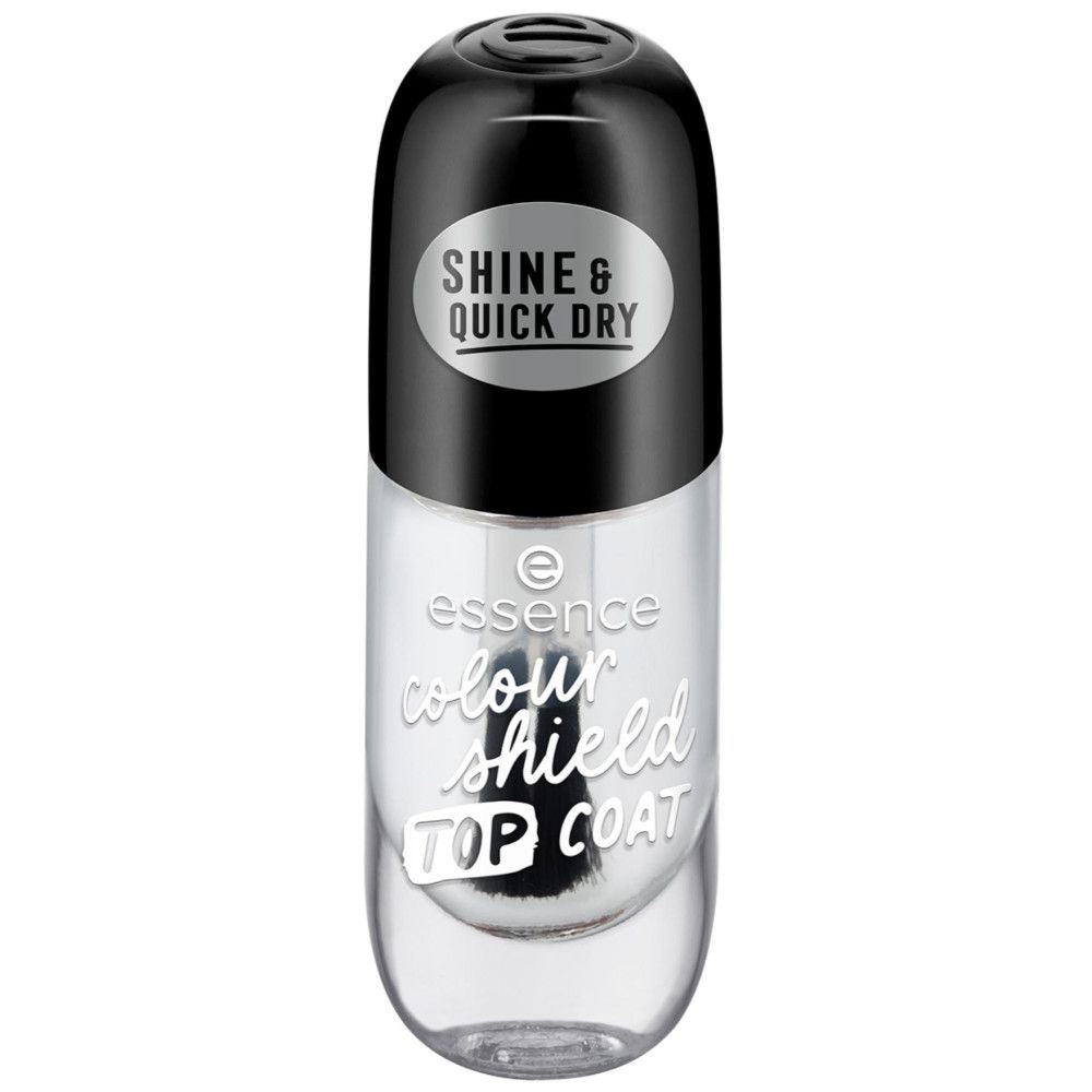 Transparante nagellakfles met zwarte dop. Opschrift: Shine & Quick Dry, Colour Shield Top Coat.