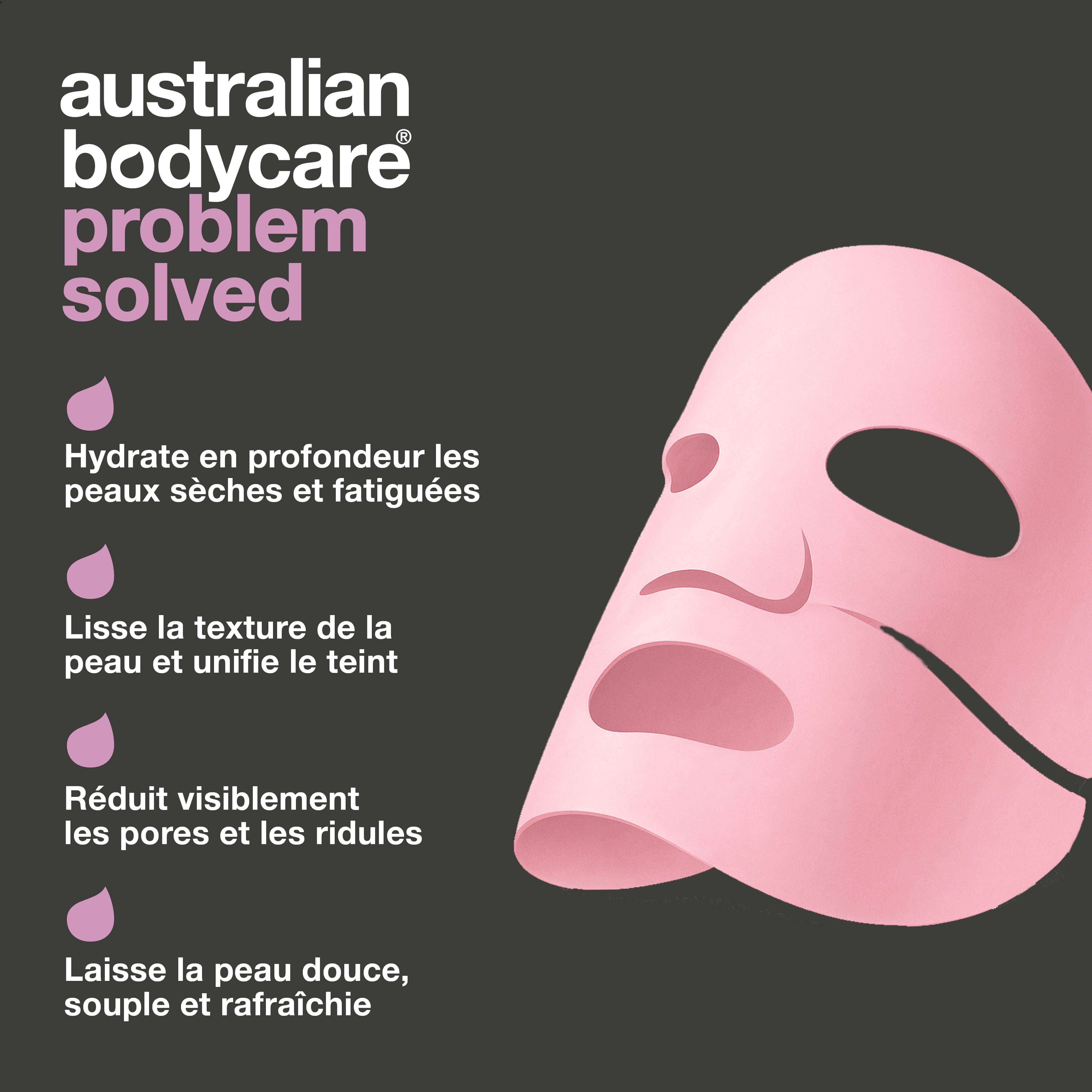 Masque rose. Texte : Australian Bodycare, Hydrate en profondeur les peaux sèches et fatiguées, Lisse la texture de la peau et unifie le teint.