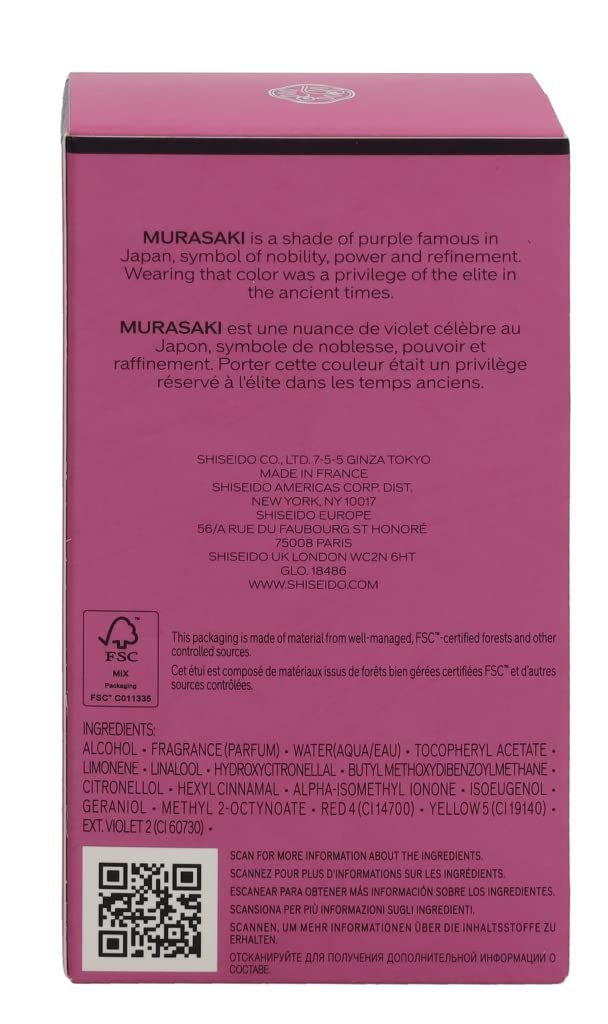Achterkant van de roze verpakking. Meertalige tekst. FSC-logo. Ingrediënten en QR-code. Fabrikantinformatie.