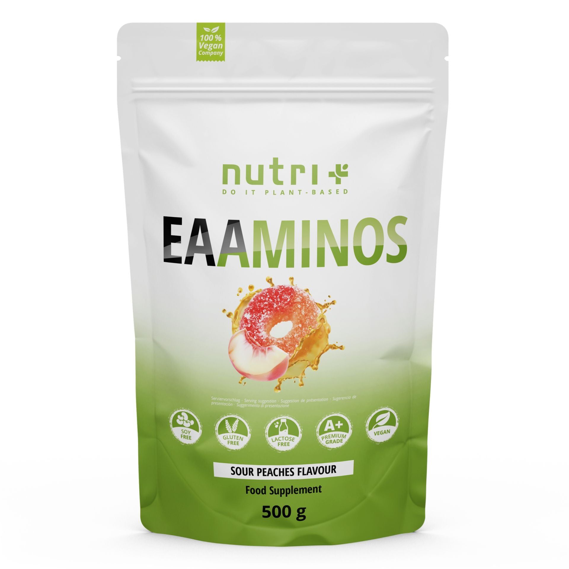 Sachet blanc debout avec inscription nutri+ EAAMINOS, saveur Sour Peaches, 500g.
