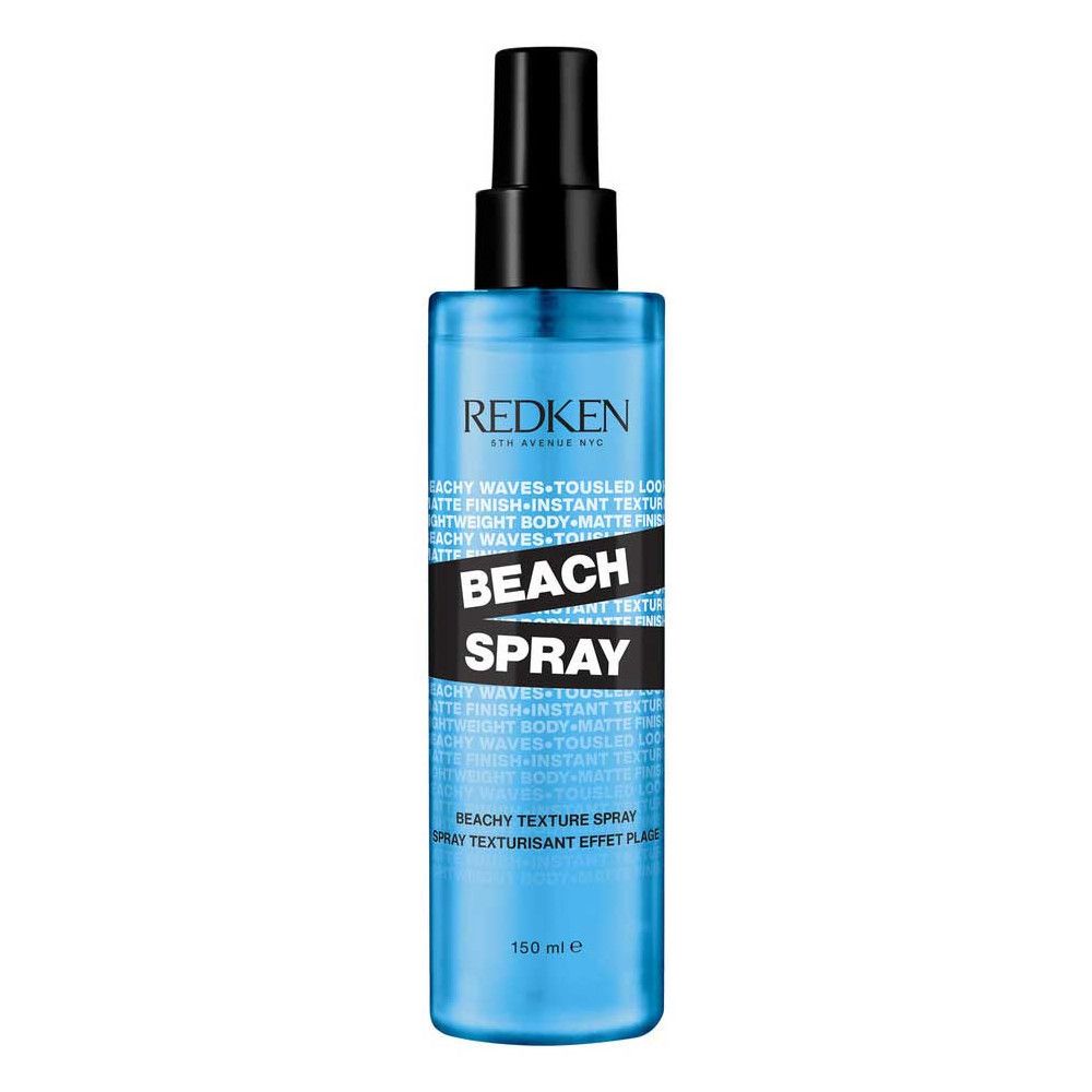 Flacon pulvérisateur bleu avec tête de pulvérisation noire. Texte: Redken, Beach Spray, 150 ml. Texte: Beachy waves, tousled look, instant texture.