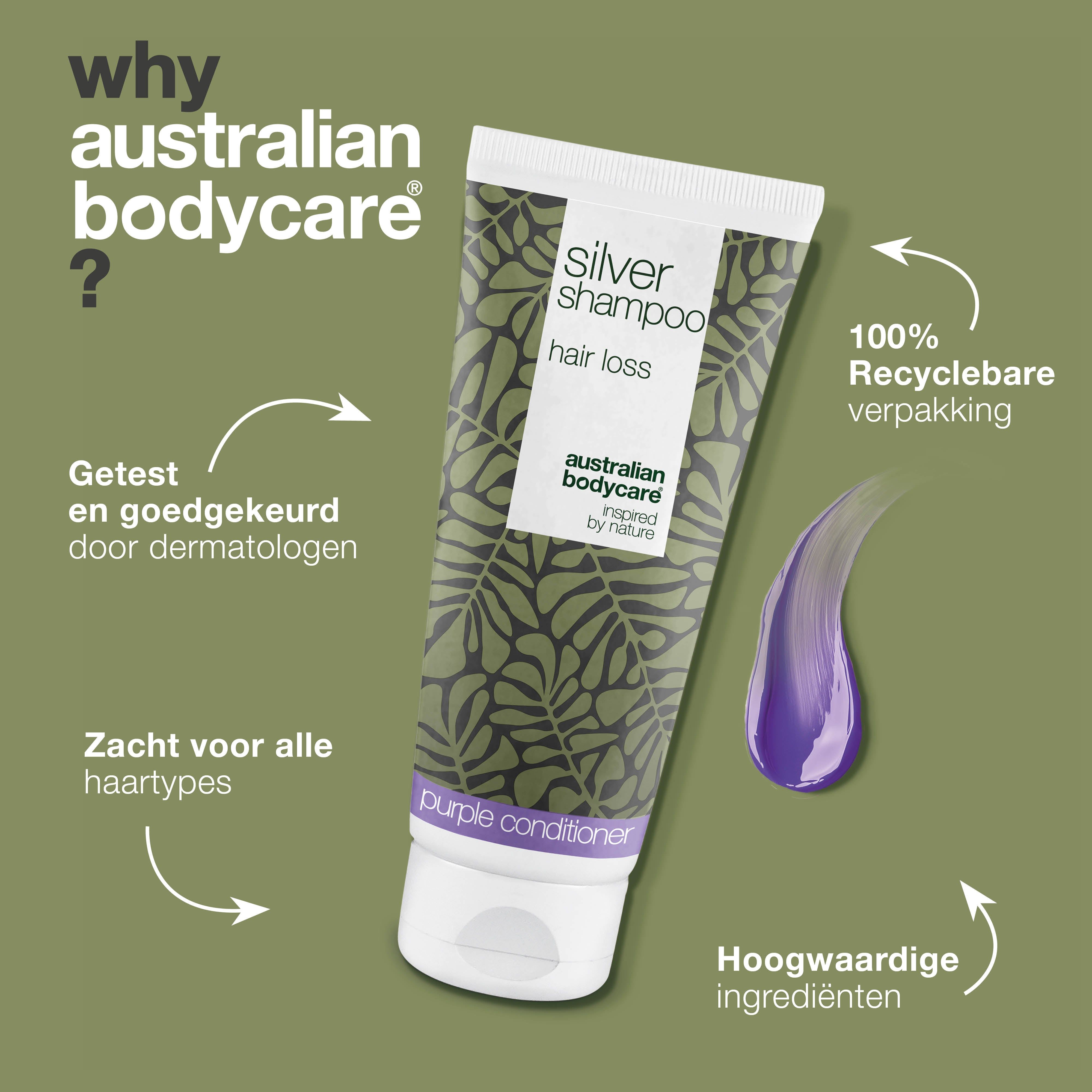 Shampoo tube, paarse veeg, tekst. Tekst: dermatologisch getest, 100% recyclebare verpakking. Merk: Australian Bodycare.
