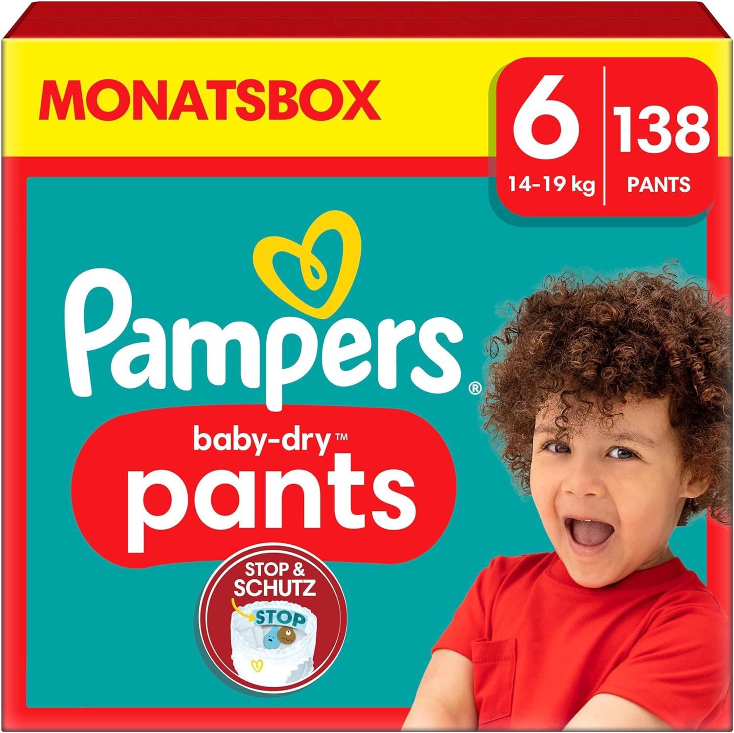 Pampers Baby-Dry Pants taille 6, paquet de 138. Inscription Stop & Schutz. Enfant en chemise rouge.