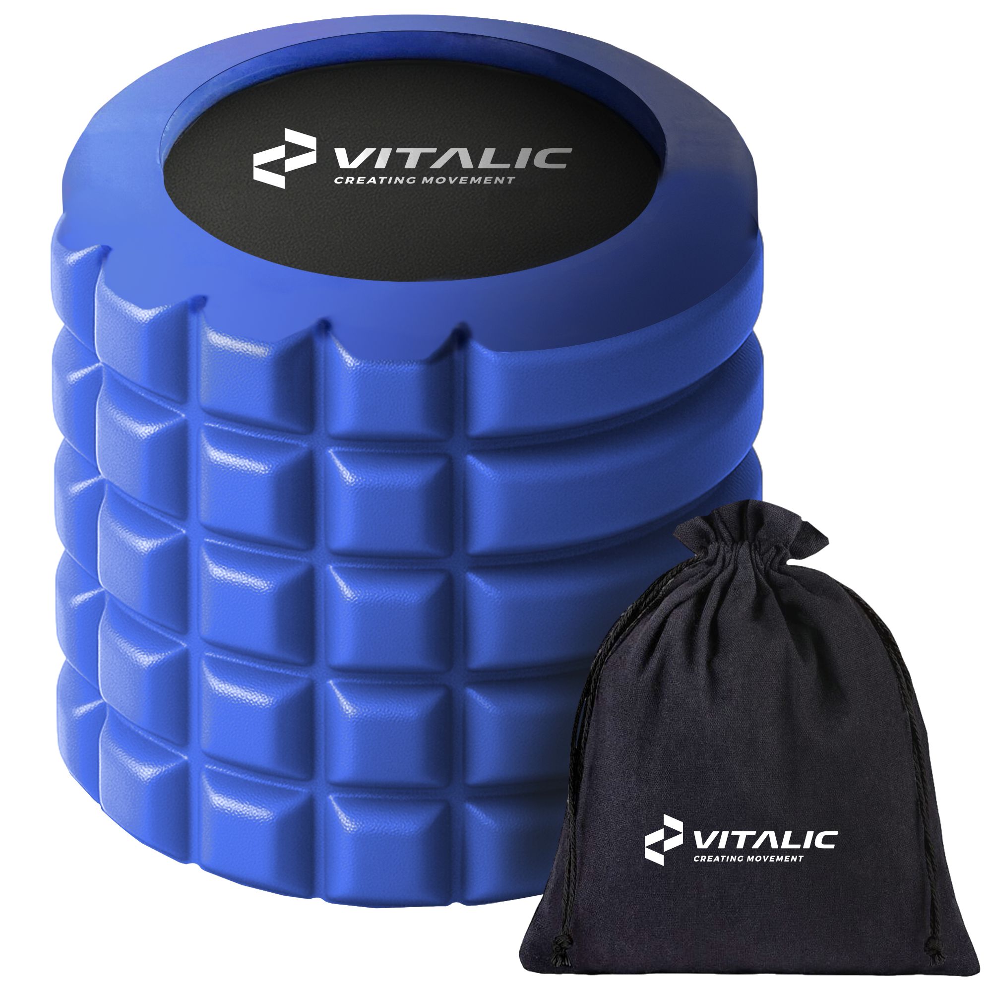 Blauwe mini-massageroller met zwarte zak. Vierkant oppervlak, VITALIC-logo.