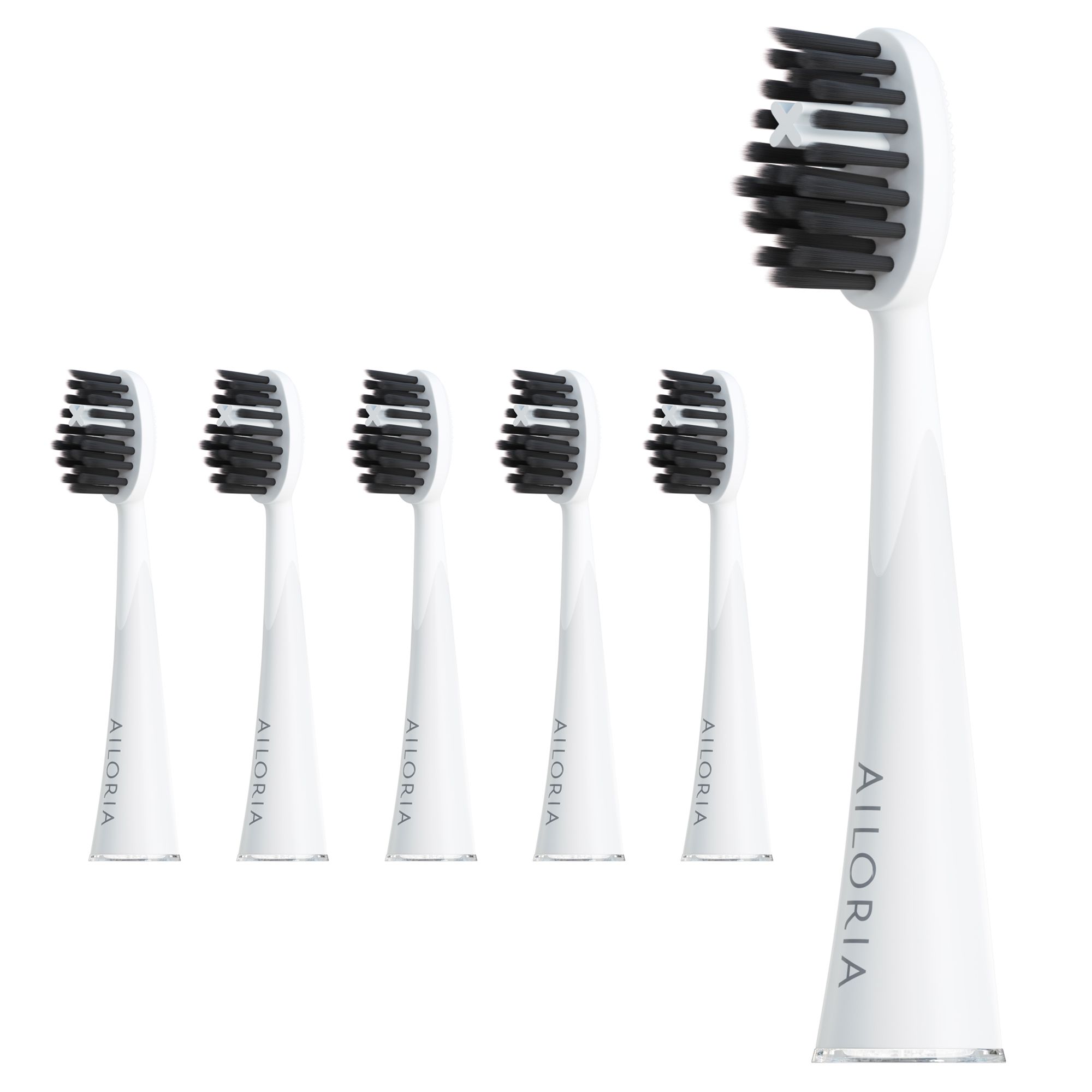 Têtes de brosse blanches avec soies noires. Logo AILORIA. Six pièces, une debout.