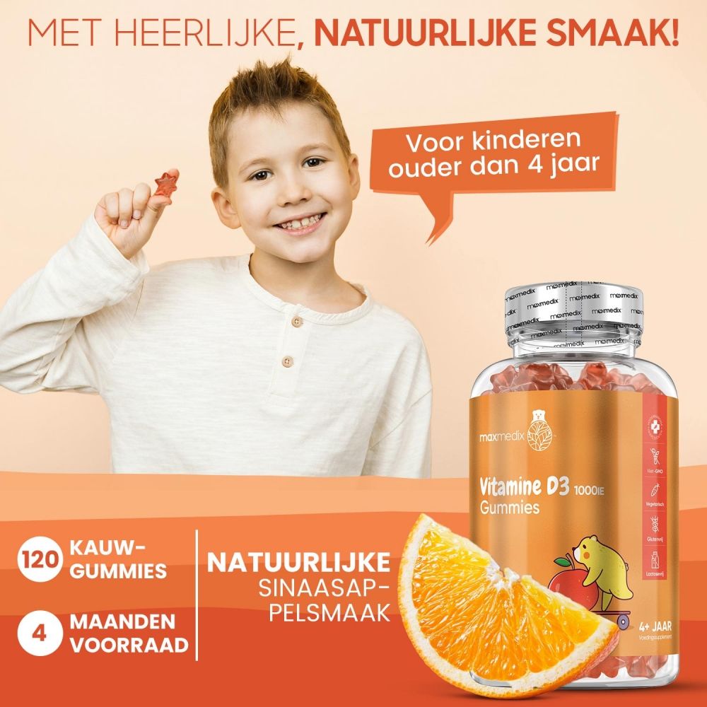 Voedingstabel voor Vitamine D3 gummies. Tekst: maxmedix. Ingrediënten, aanbevelingen, voedingsanalyse, opslag.
