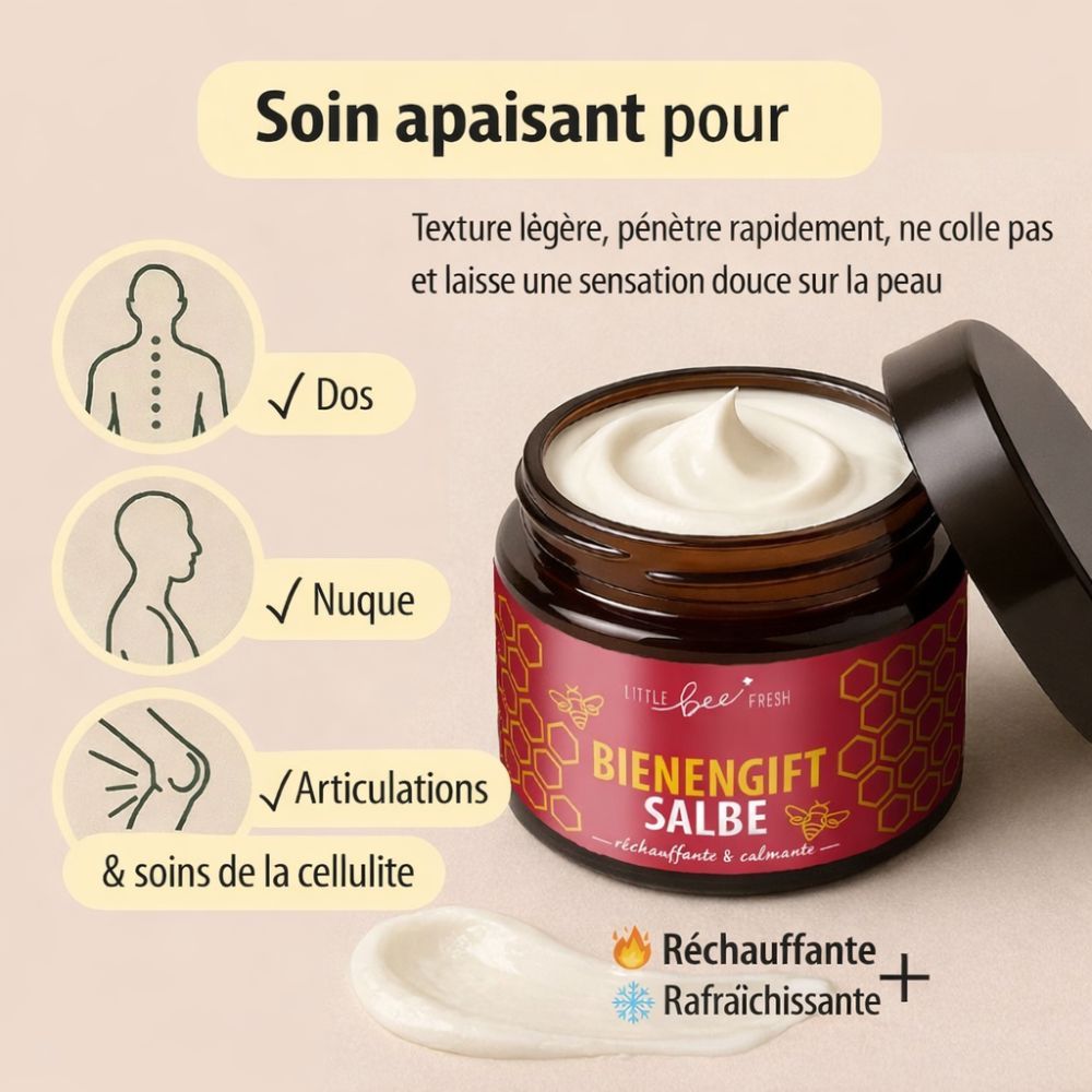 Pot de crème ouvert. Texte et illustrations montrent les zones d'application: dos, nuque, articulations.