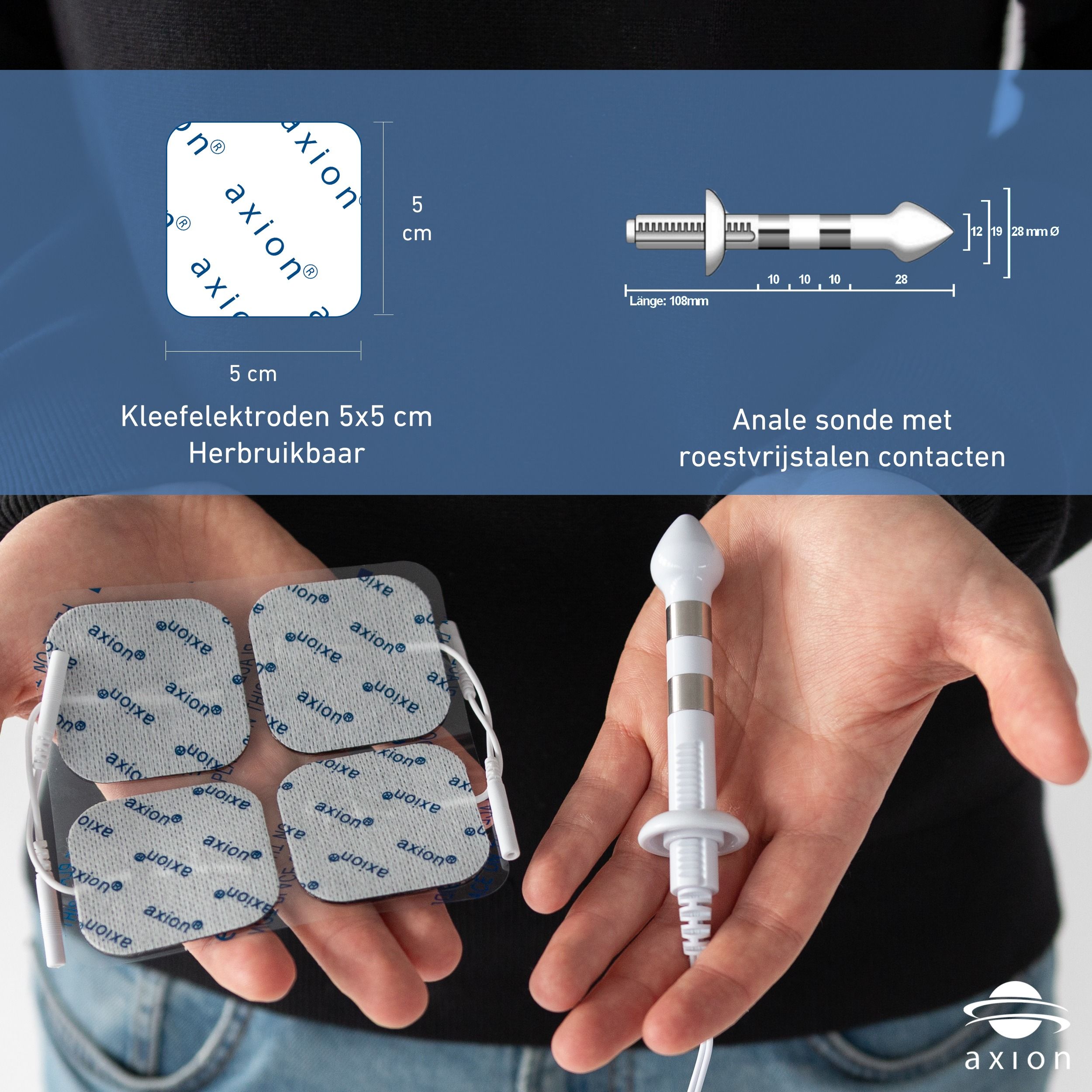 axion® I-3000-apparaat, elektroden en sonde. Afmetingen. Tekst over accessoires.