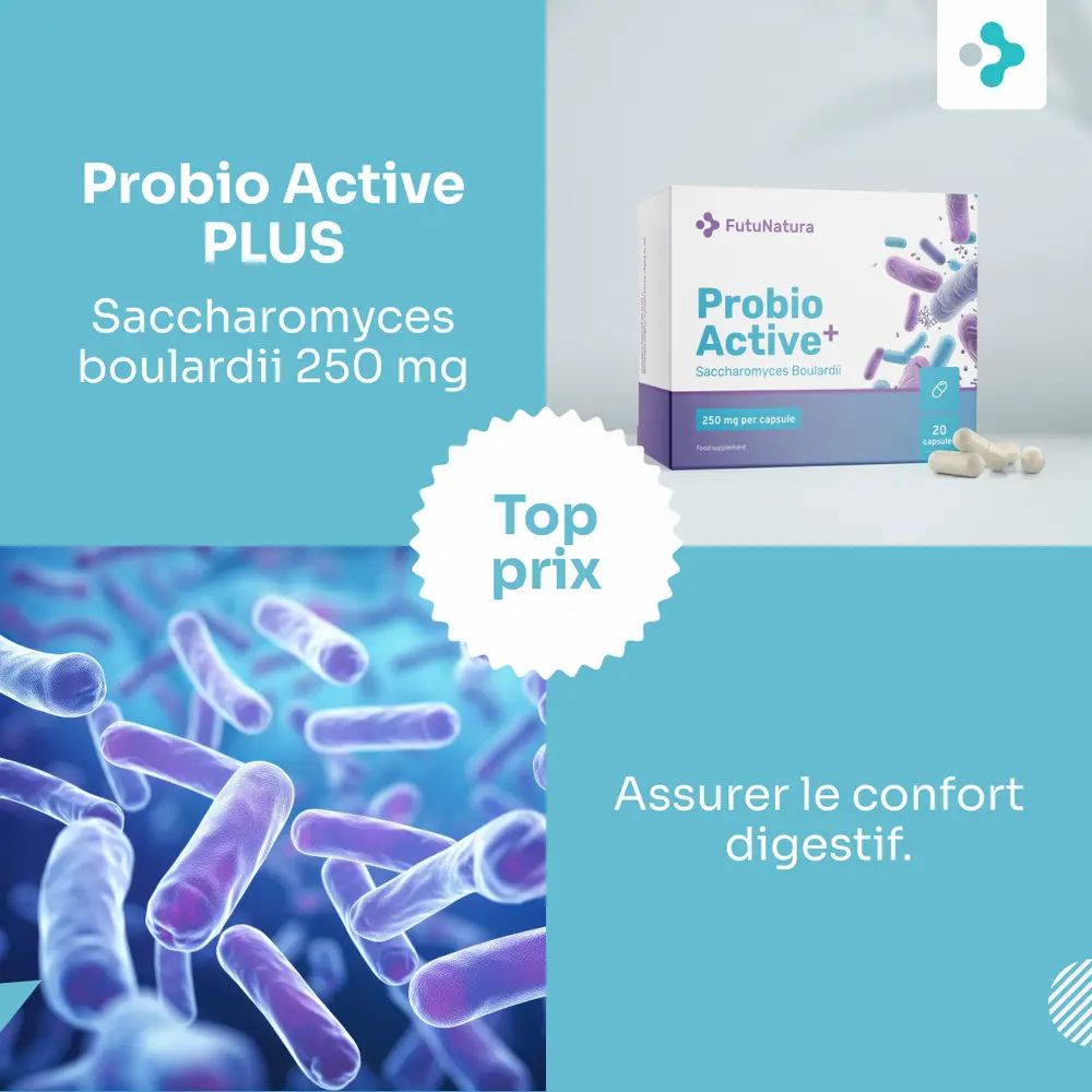 Boîte FutuNatura Probio Active PLUS avec capsules de Saccharomyces boulardii.