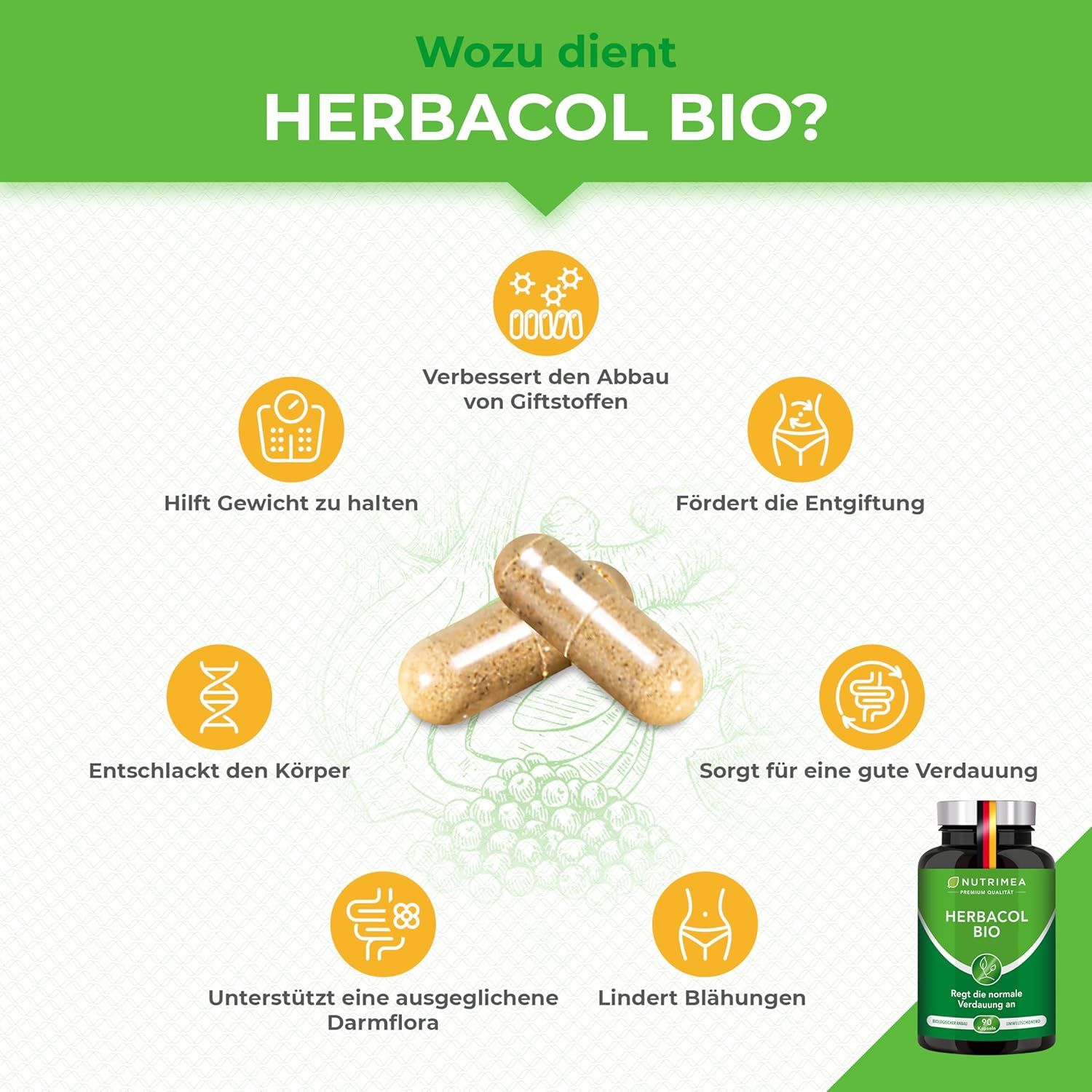 Deux gélules et icônes. Bouteille HERBACOL BIO. Texte: Améliore l'élimination des toxines, aide au maintien du poids, favorise la détoxification.