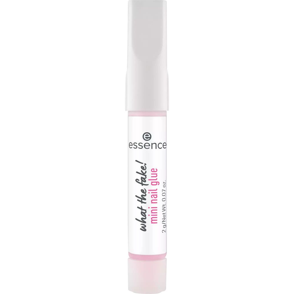 Tube de mini colle à ongles, blanc avec embout rose. Inscription 'what the fake!' et 'mini nail glue'.