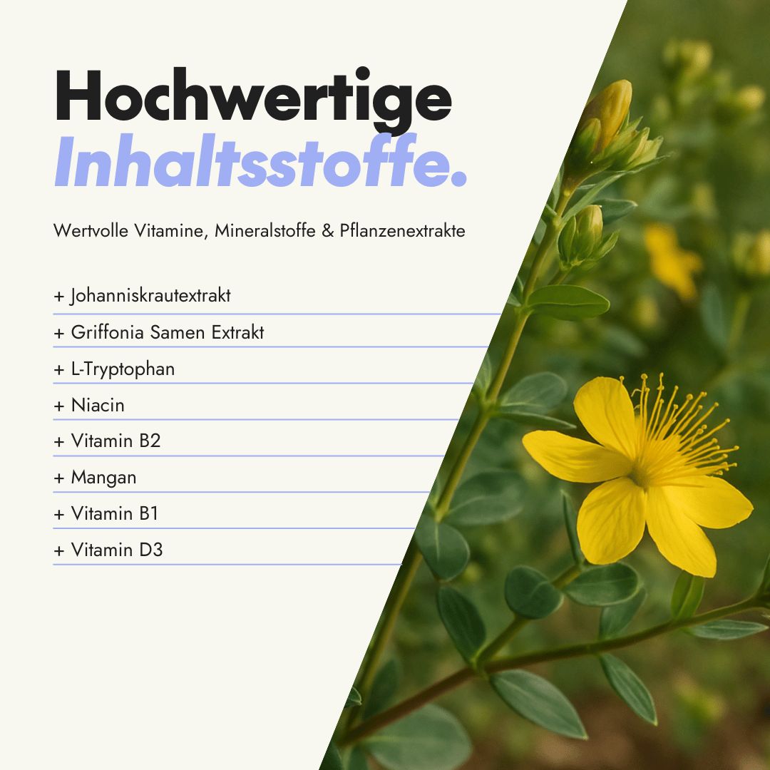 Gele bloem en bladeren. Tekst: Hoogwaardige ingrediënten. Waardevolle vitaminen, mineralen & plantenextracten. Sint-janskruid extract.