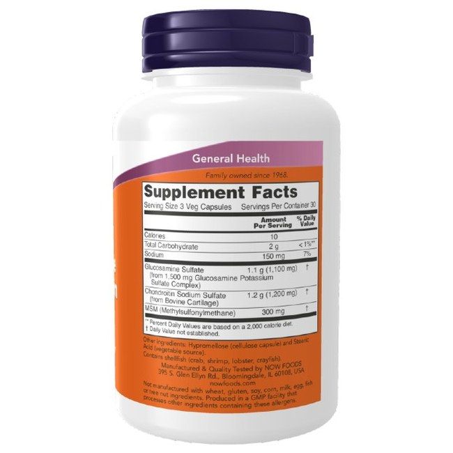 Arrière de la bouteille de Glucosamine Chondroïtine avec MSM de Now Foods, avec informations nutritionnelles.