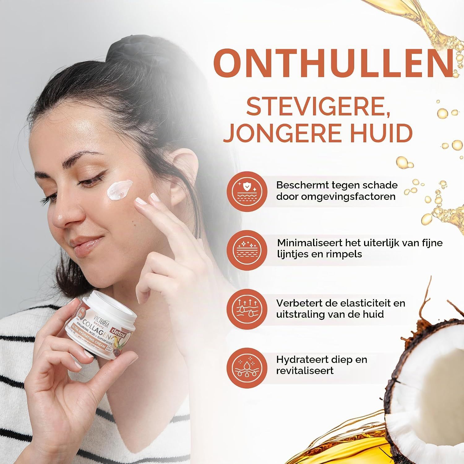Victoria Beauty Collageencrème pot met uitleg van de ingrediënten.