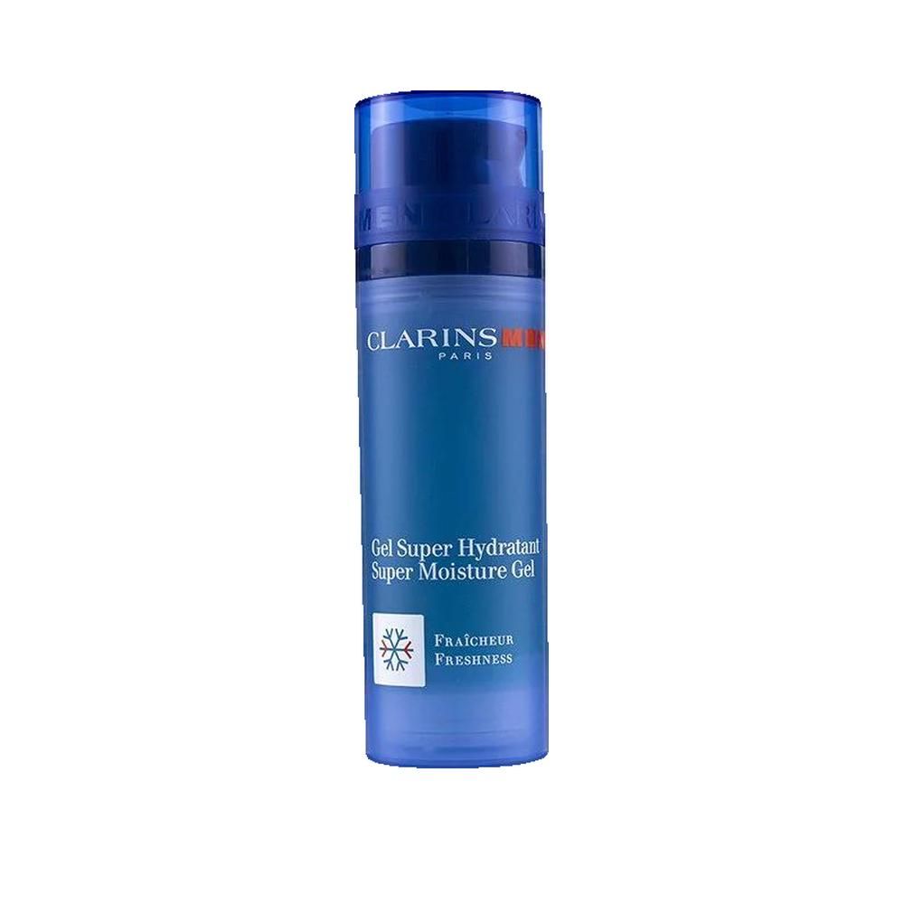 Blauwe transparante fles met blauwe dop. Opschrift: Clarins Paris, Gel Super Hydratant, Super Moisture Gel, Frisse.