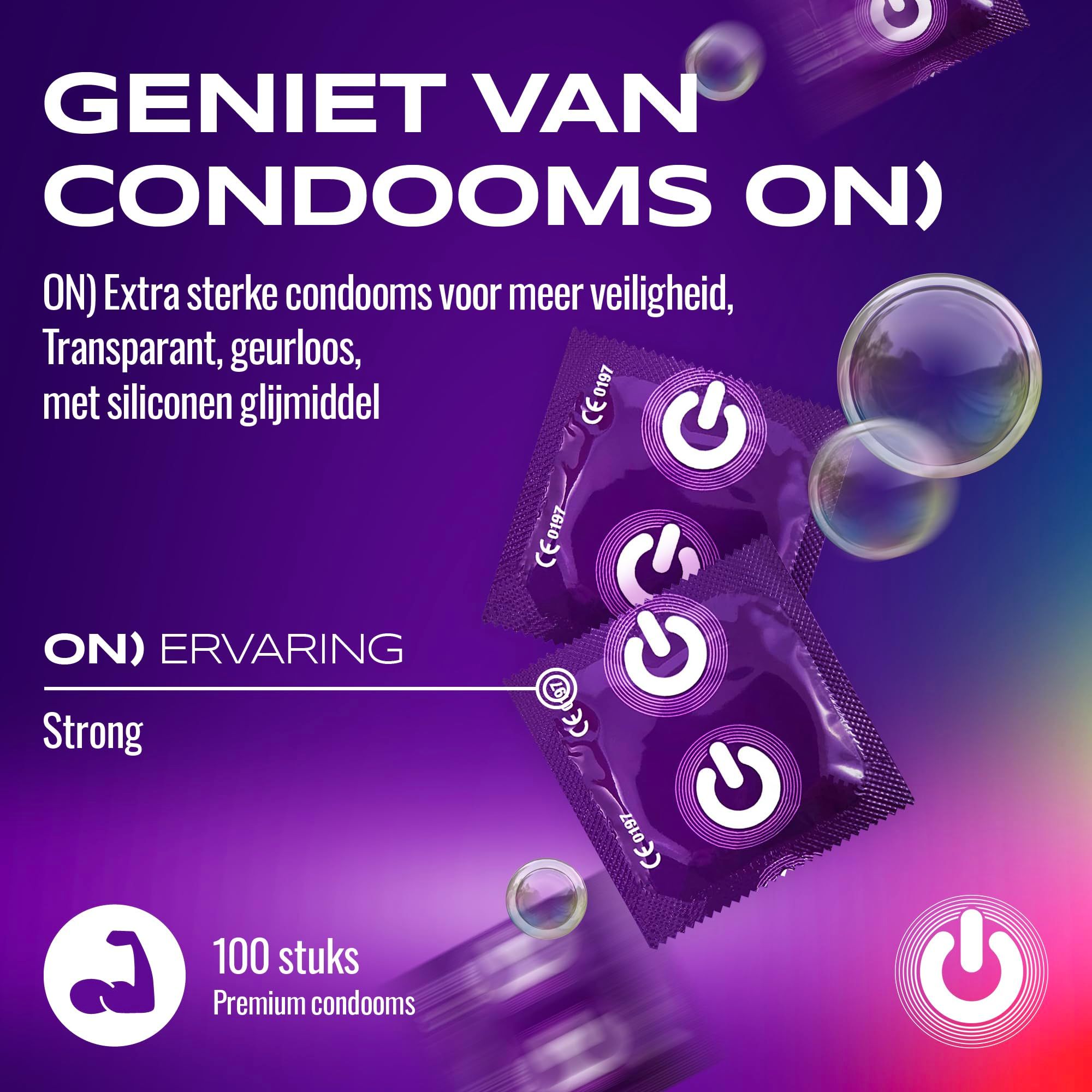 Verpakking van 100 condooms, paars en wit verpakt, met aan/uit-knop logo.