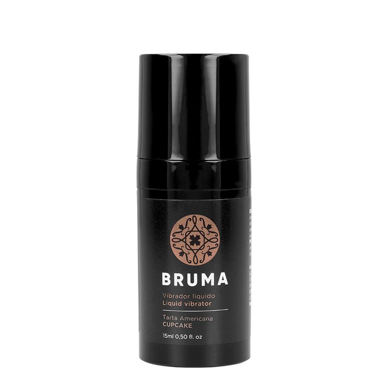 Bruma vloeibare vibrator Cupcake, 15ml. Zwarte fles met dispenser en etiket, van voren getoond.