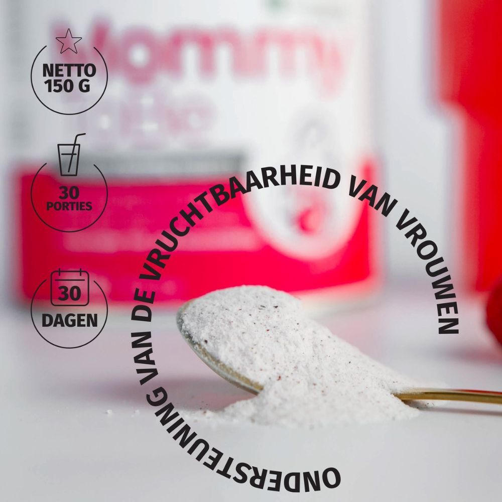 Lepel met poeder voor blik Nature's Finest Mommy ToBe. Tekst: Ondersteuning van de vruchtbaarheid van vrouwen. 30 porties, 30 dagen.