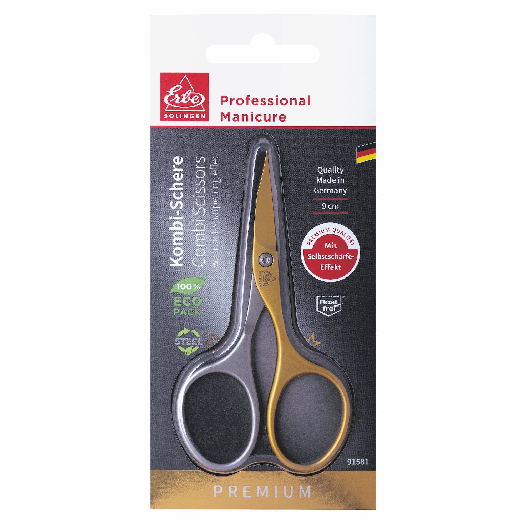 Emballage avec ciseaux à ongles or et argent. Marque et nom du produit visibles. Fabriqué en Allemagne.