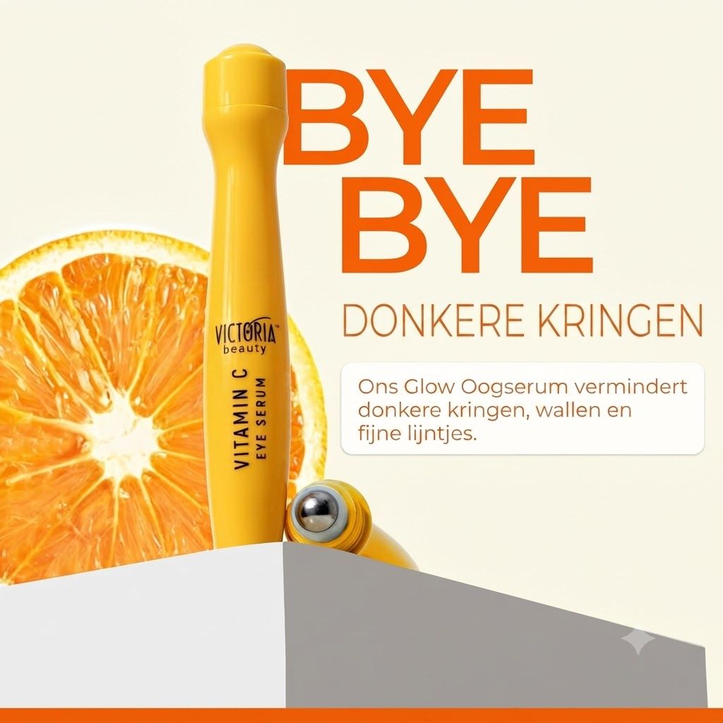 Victoria Beauty Vitamine C Oogserum met roll-on applicator. Gele tube met zilveren roller. Oranje achtergrond.