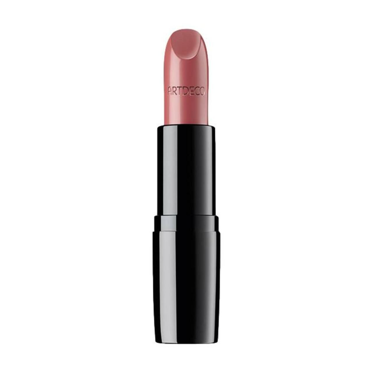 Een roze lippenstift met een zwarte schacht. Het merk ARTDECO is zichtbaar op de lippenstift.