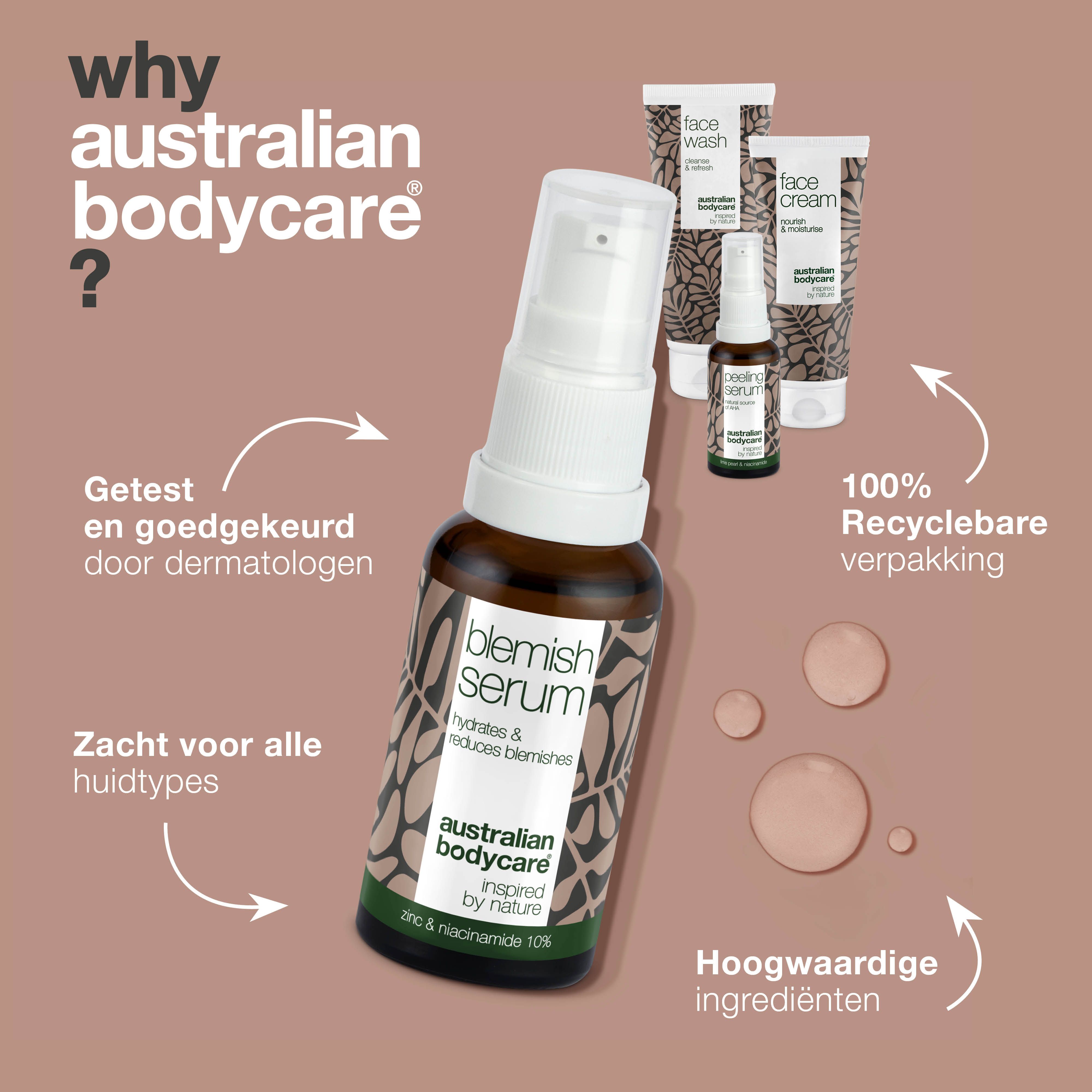 Blemish Serum, Face Wash en Face Cream. Tekst: Australian Bodycare. 100% recyclebare verpakking.