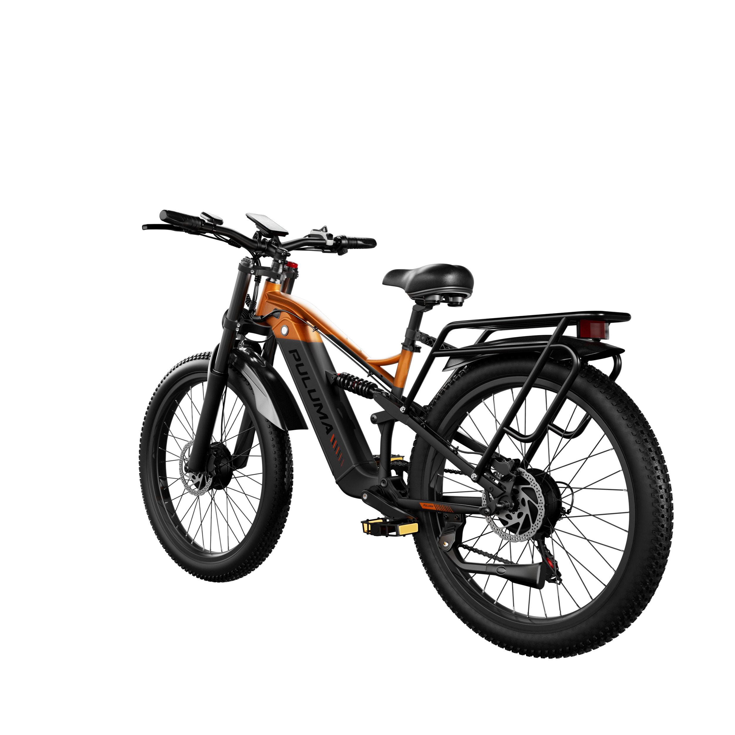 Vélo électrique PULUMA PE86 Pro avec double moteur. Cadre orange, pneus noirs et porte-bagages. Vue arrière.