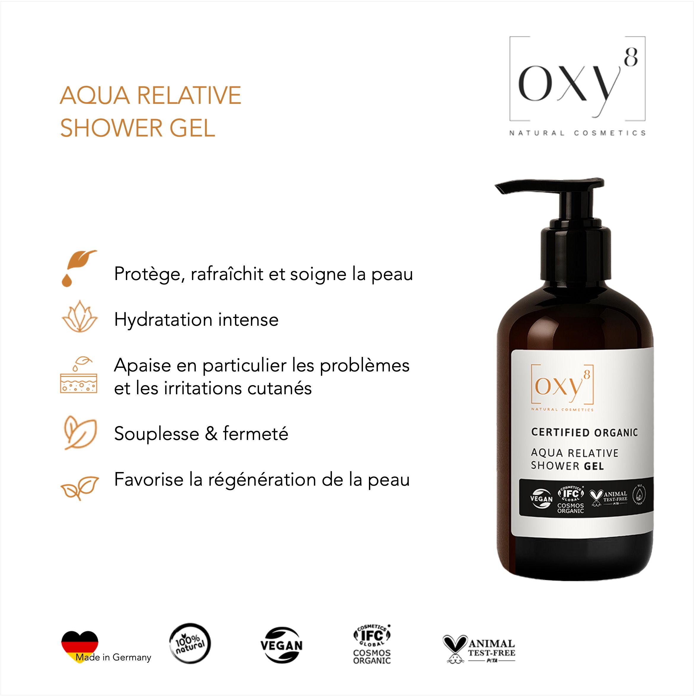 Une bouteille avec pompe noire et étiquette. Texte : "oxy8", "Aqua Relative Shower Gel", certifications.